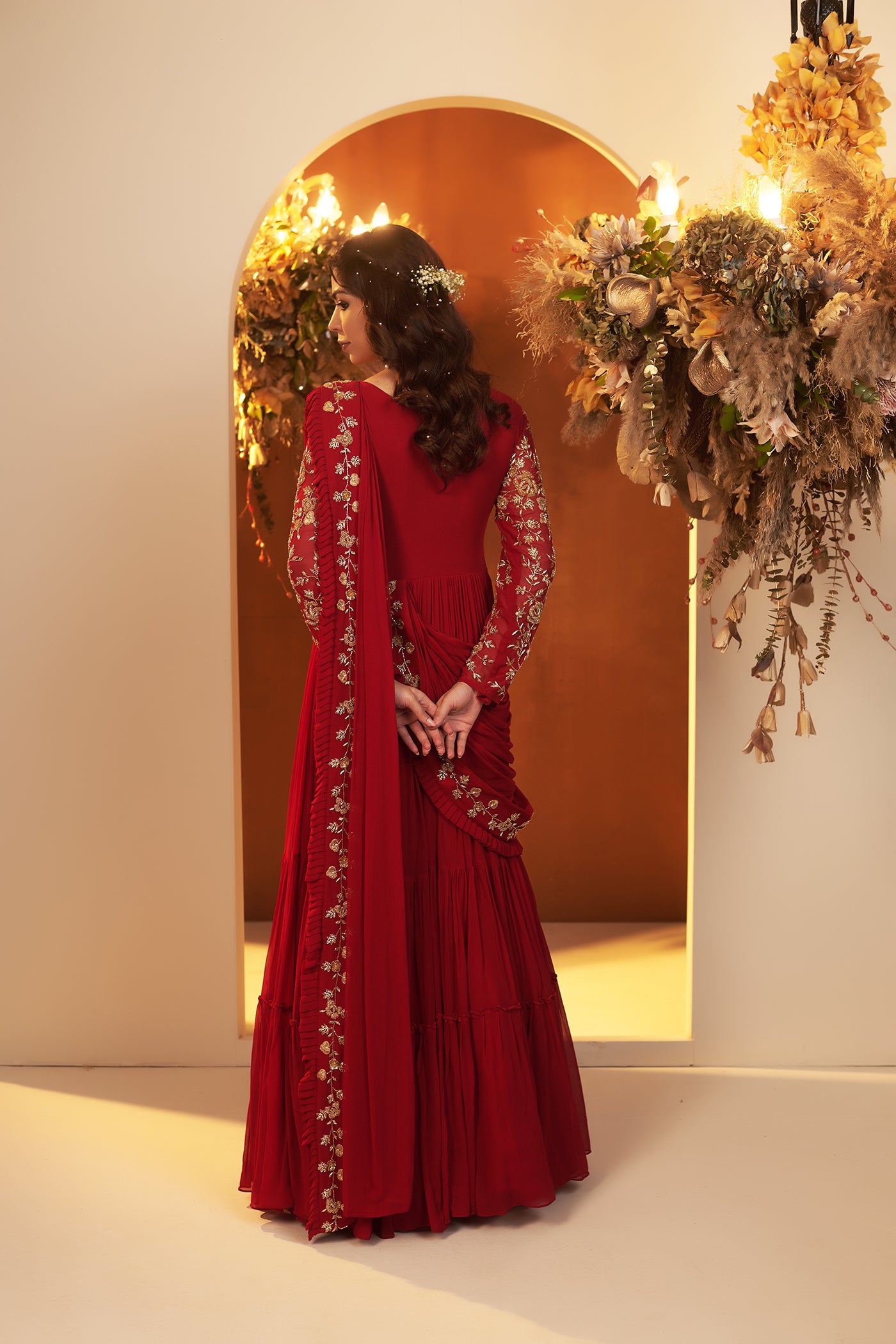Deep Red Draped Gown Saree.