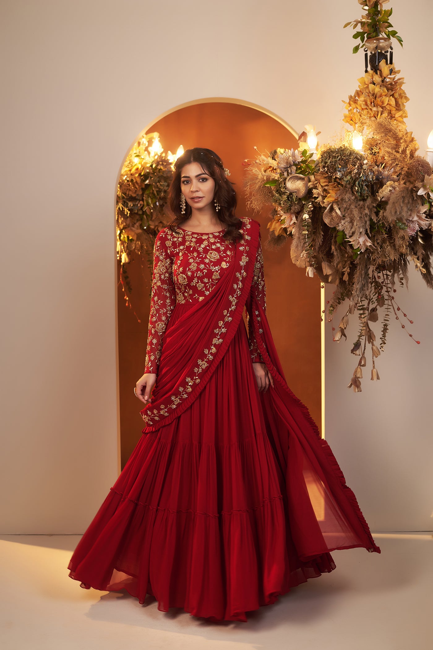 Red Saree Frock Saree Style Deep Red Draped Gown Red Saree Frock Saree Style Deep Red Draped Gown