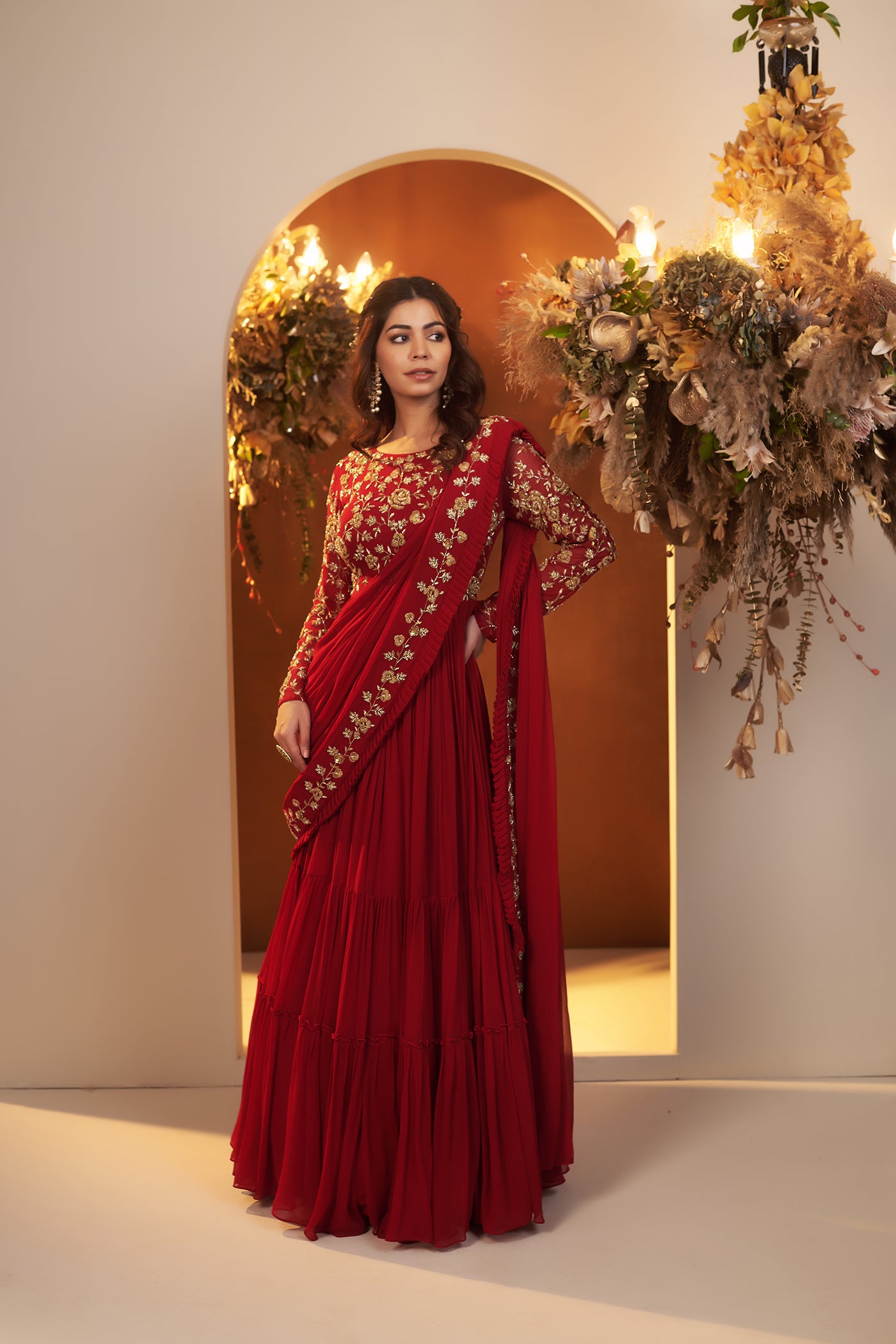 Deep Red Draped Gown Saree.