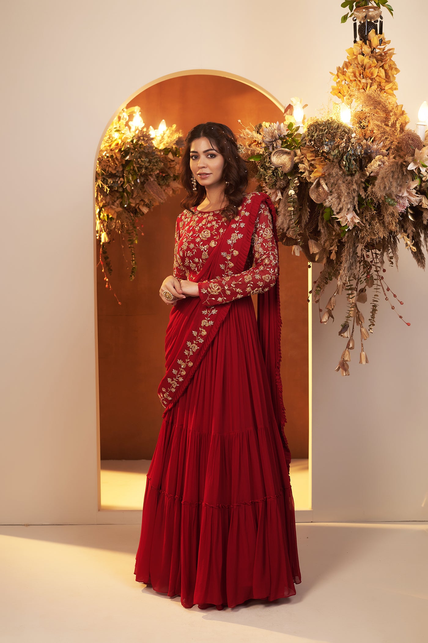 Deep Red Draped Gown Saree.
