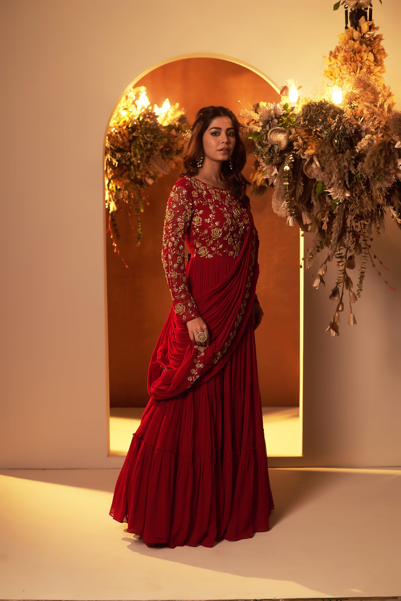 Deep Red Draped Gown Saree.