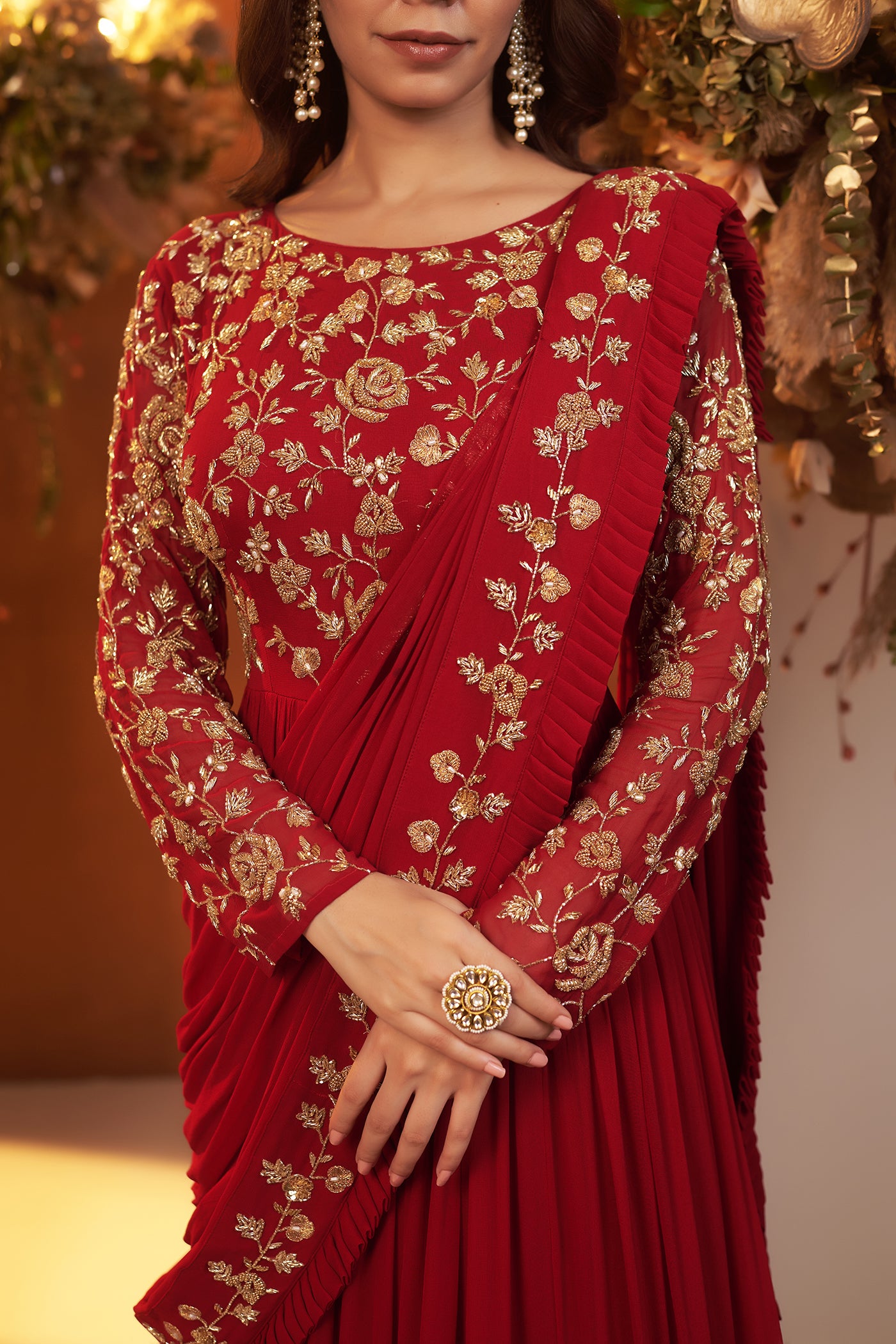 Deep Red Draped Gown Saree.