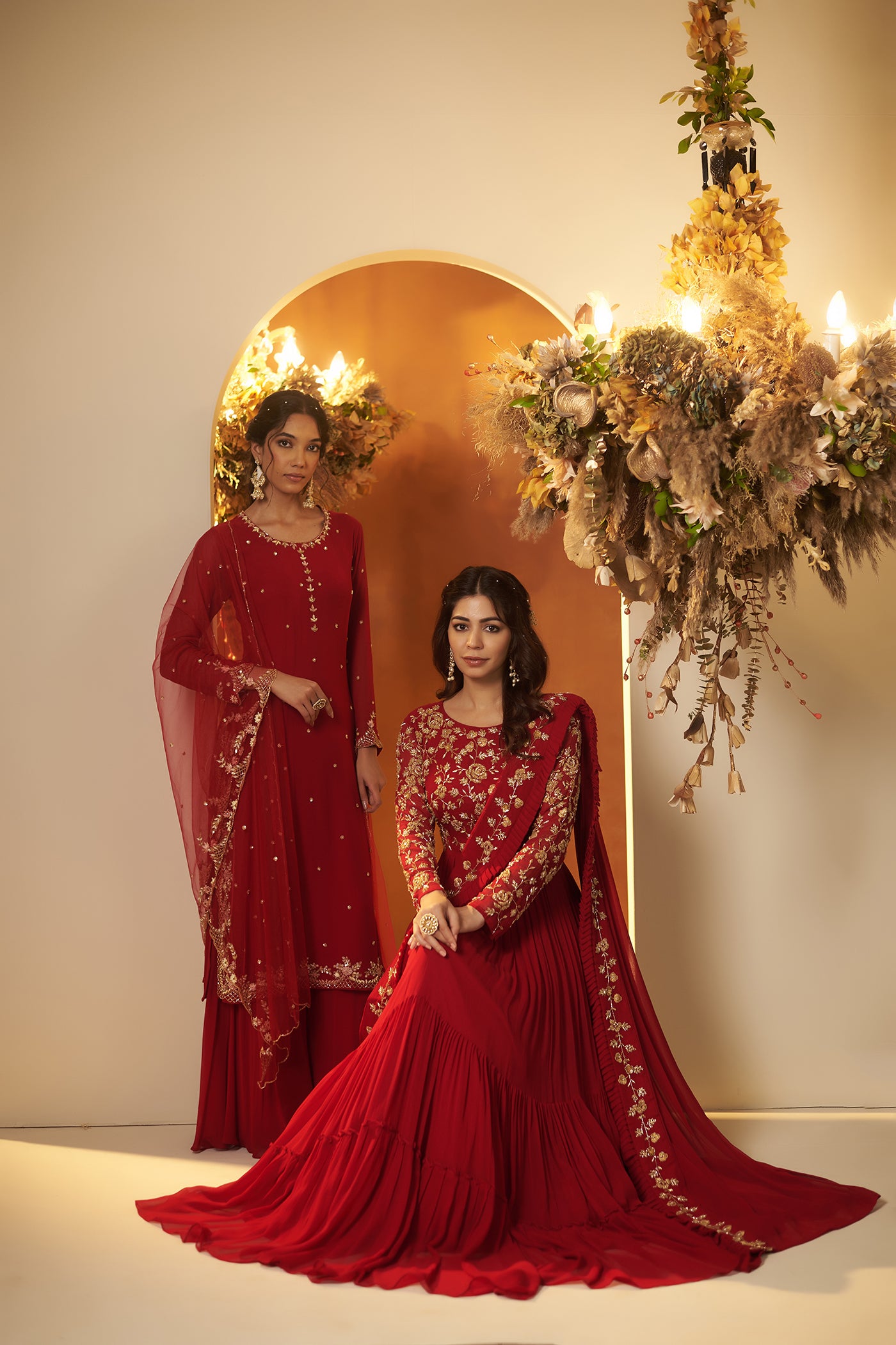 Deep Red Draped Gown Saree.