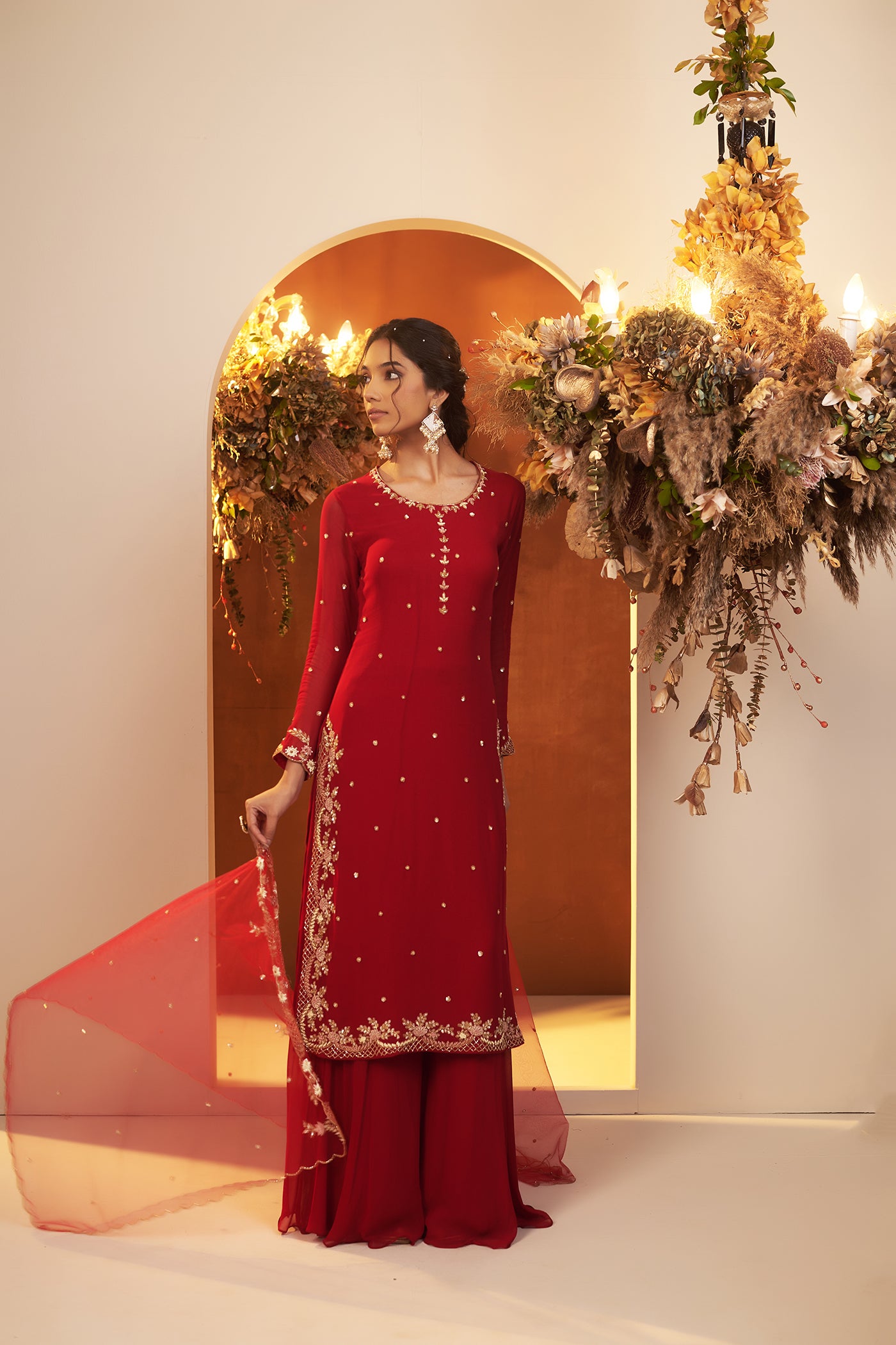 Deep Red Straight Suit Set.