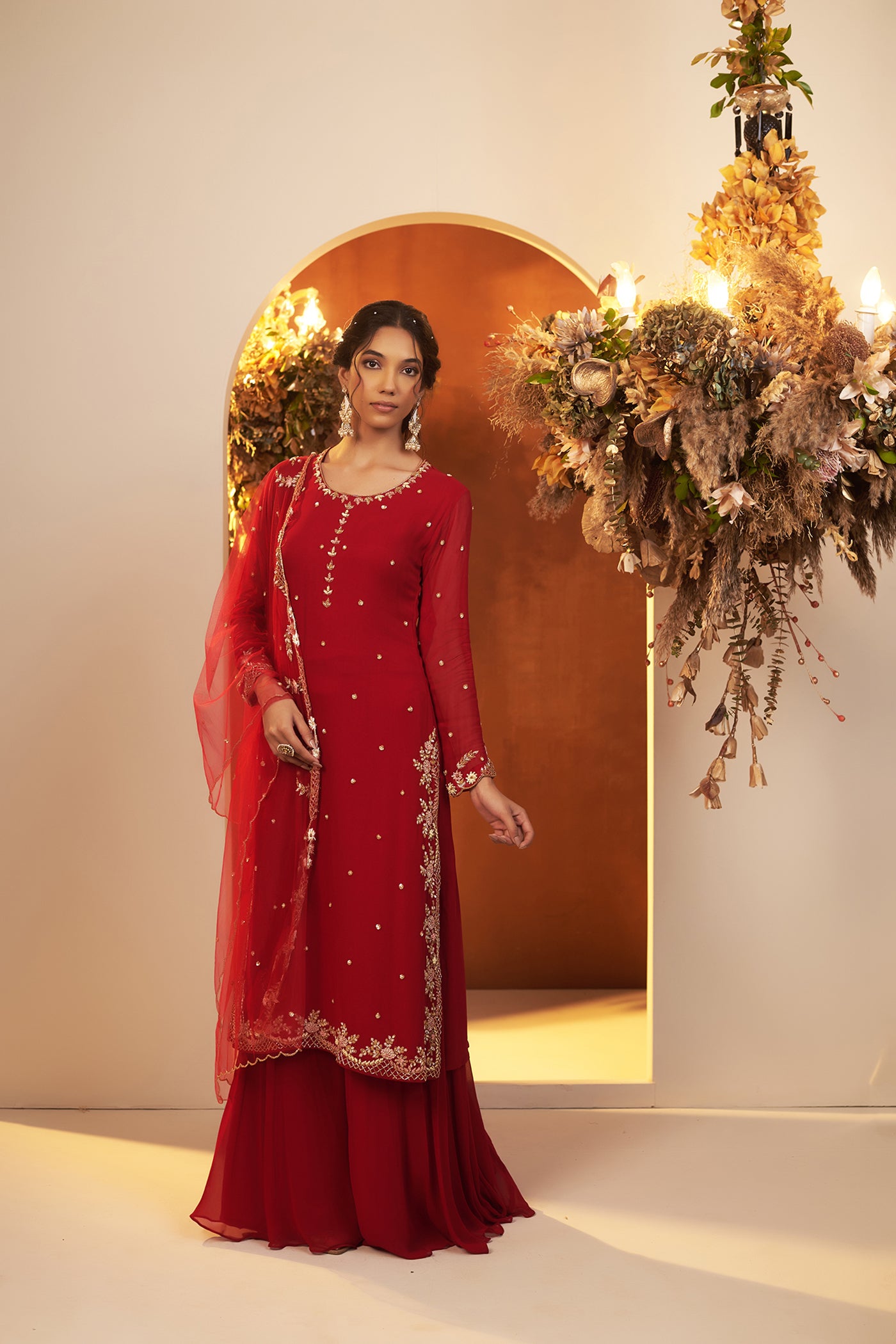 Deep Red Straight Suit Set.