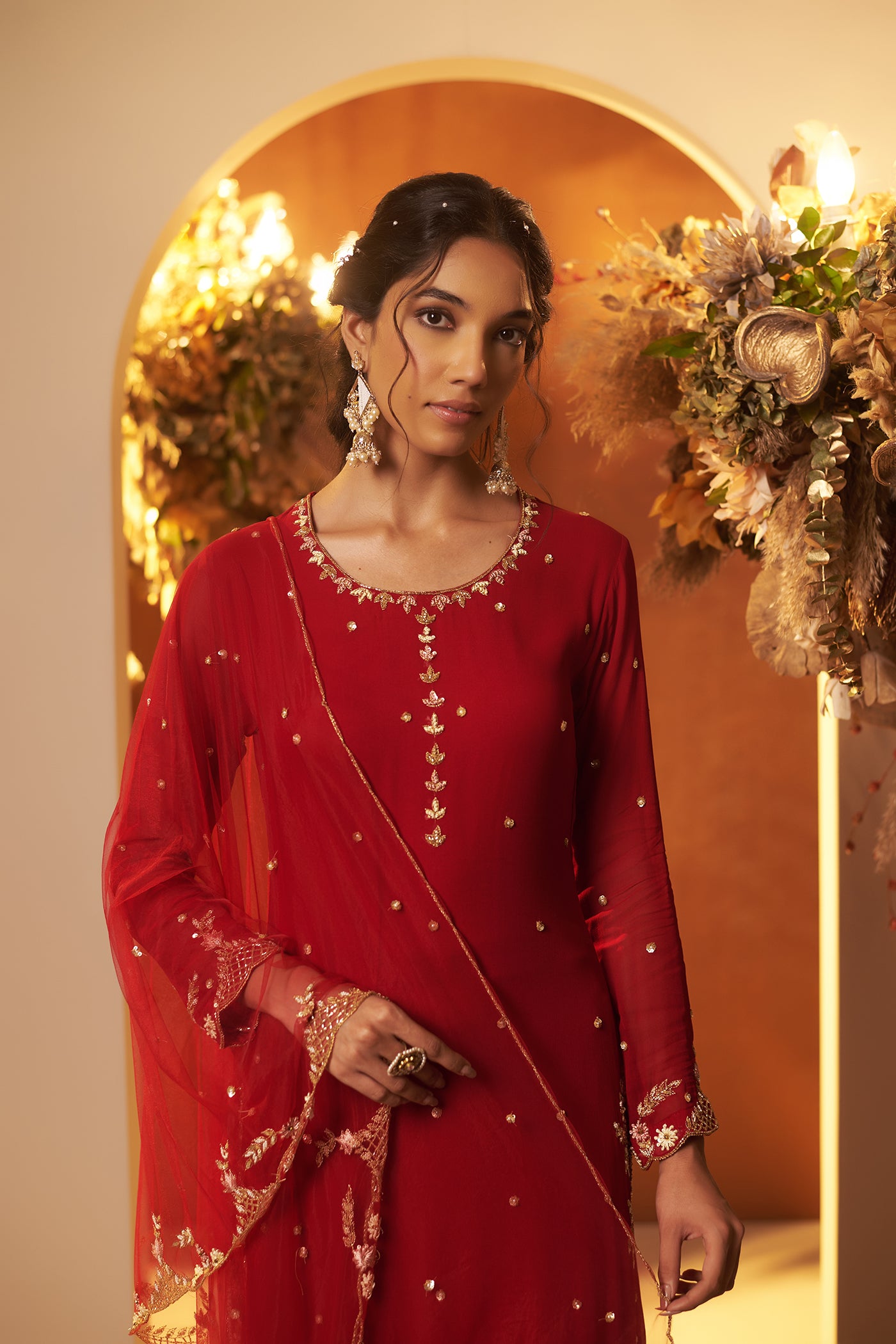 Deep Red Straight Suit Set.