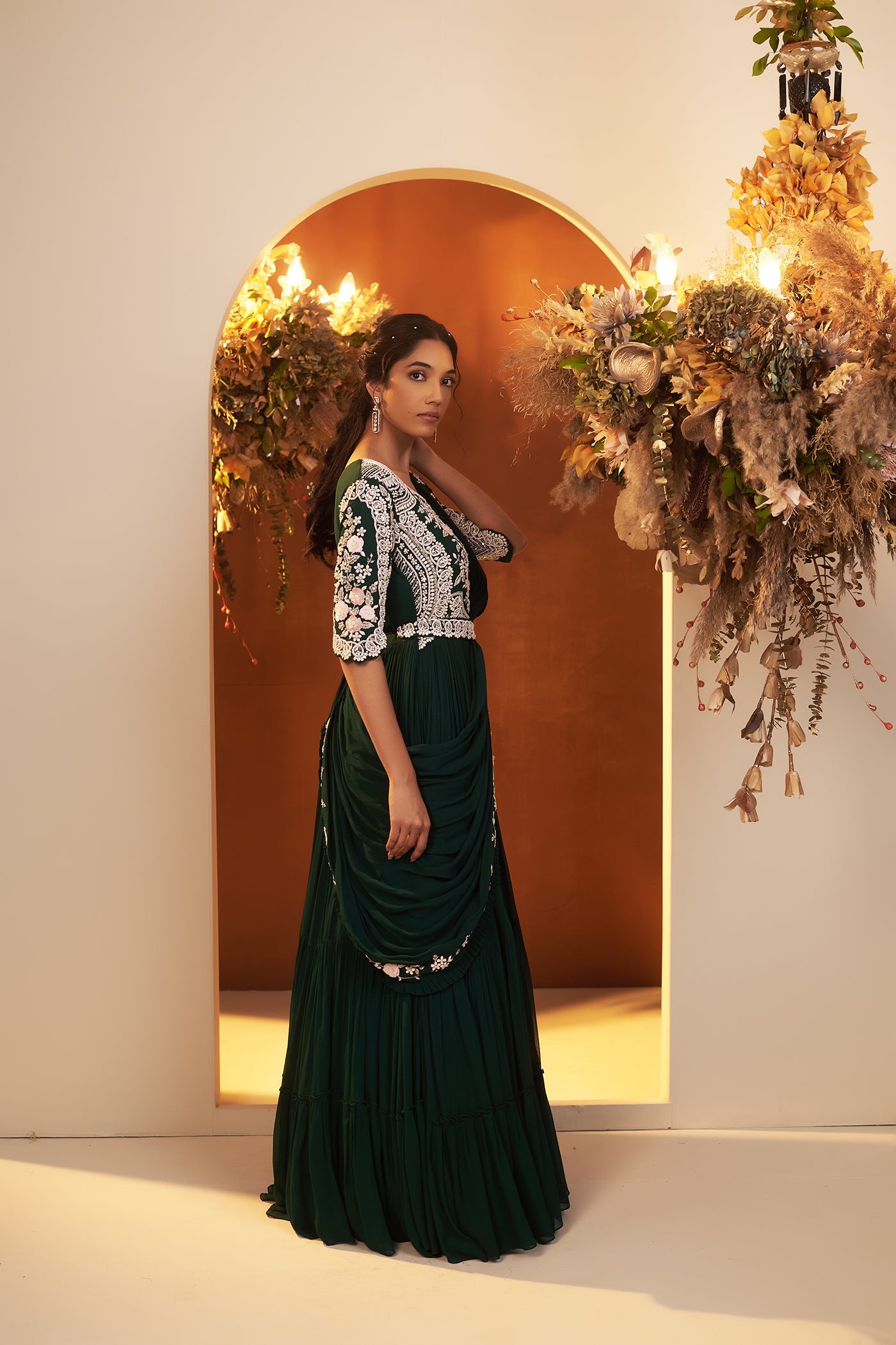 Emerald green Draped Gown with Belt.