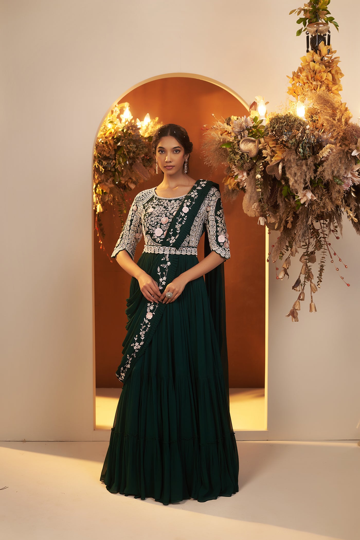 Emerald green Draped Gown with Belt.