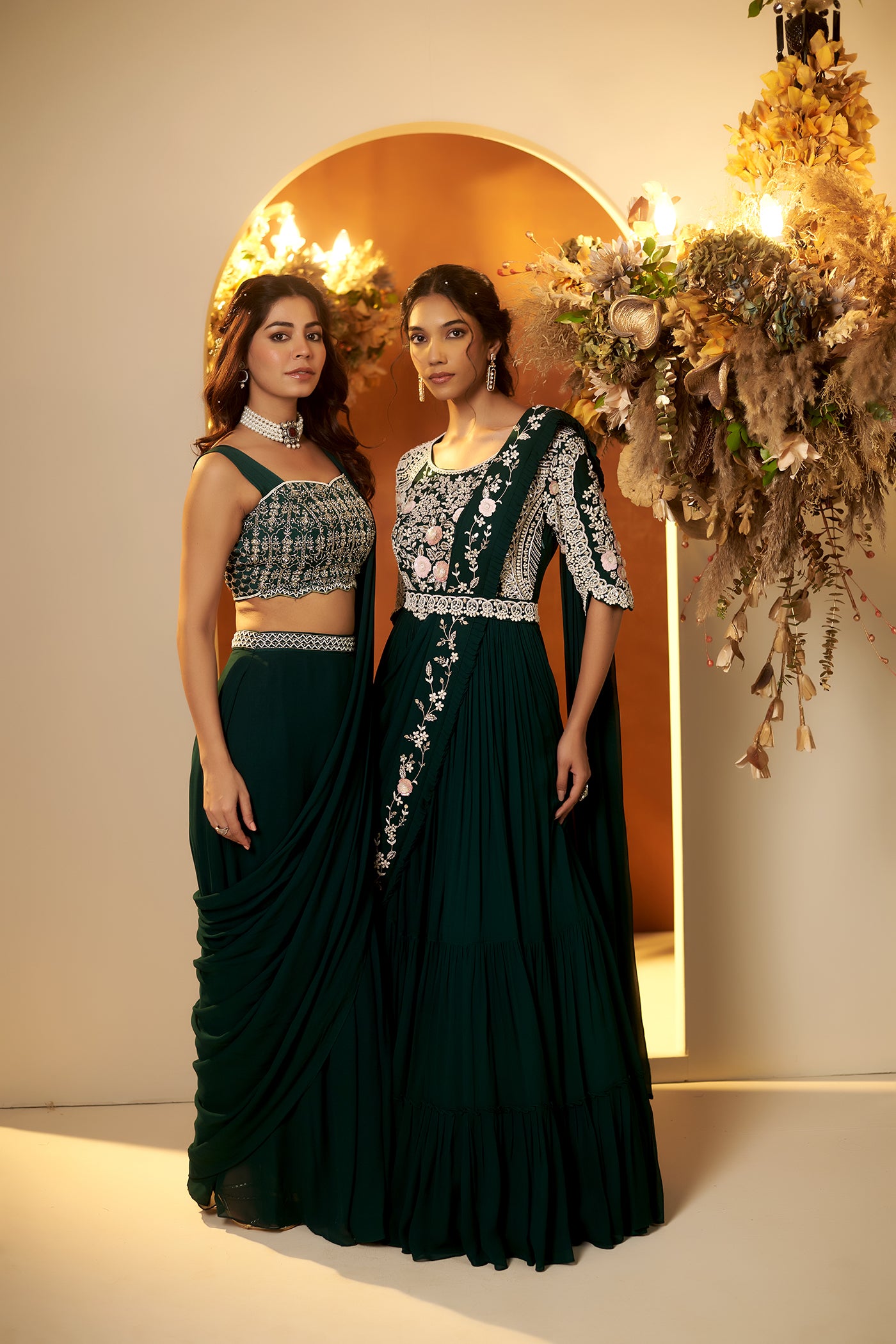 Emerald Green Draped Saree Set.
