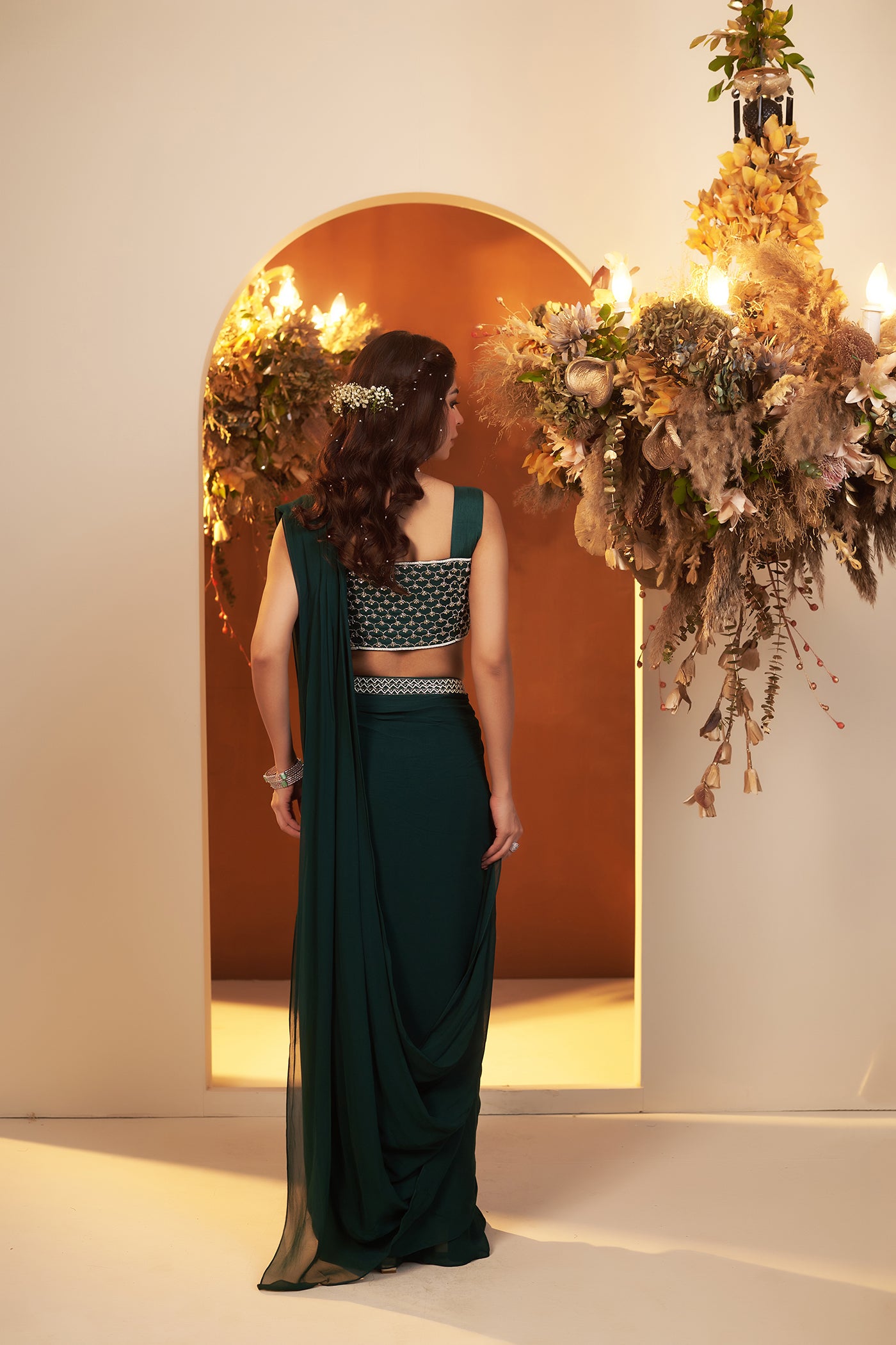 Emerald Green Draped Saree Set.