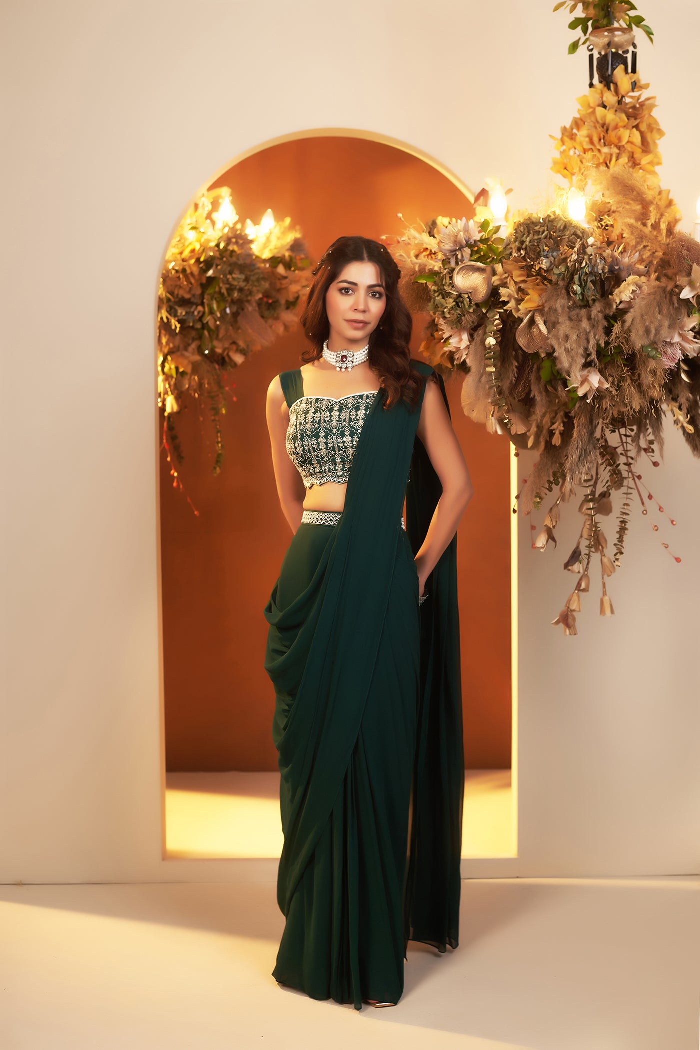 Emerald Green Draped Saree Set.