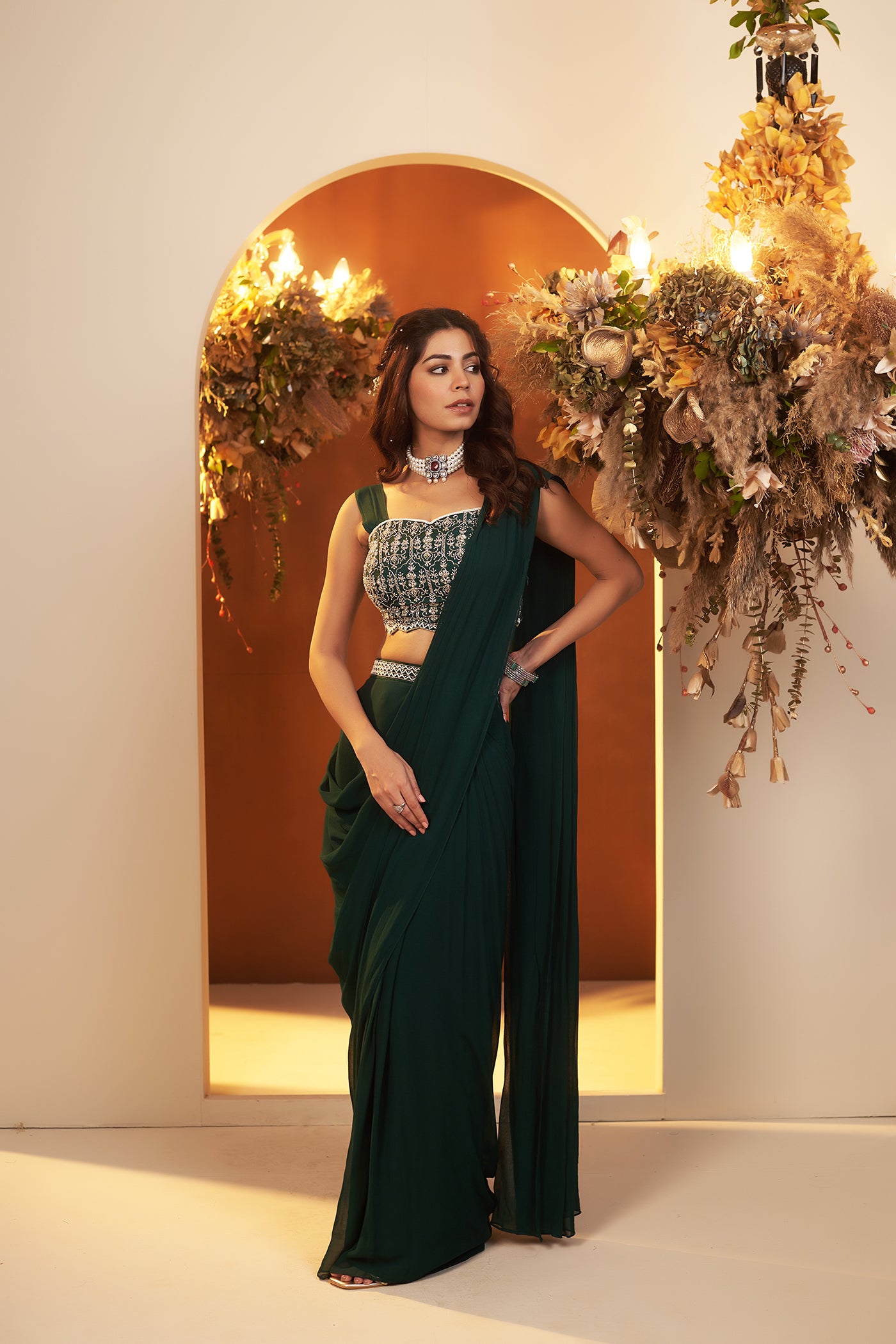 Emerald Green Draped Saree Set.