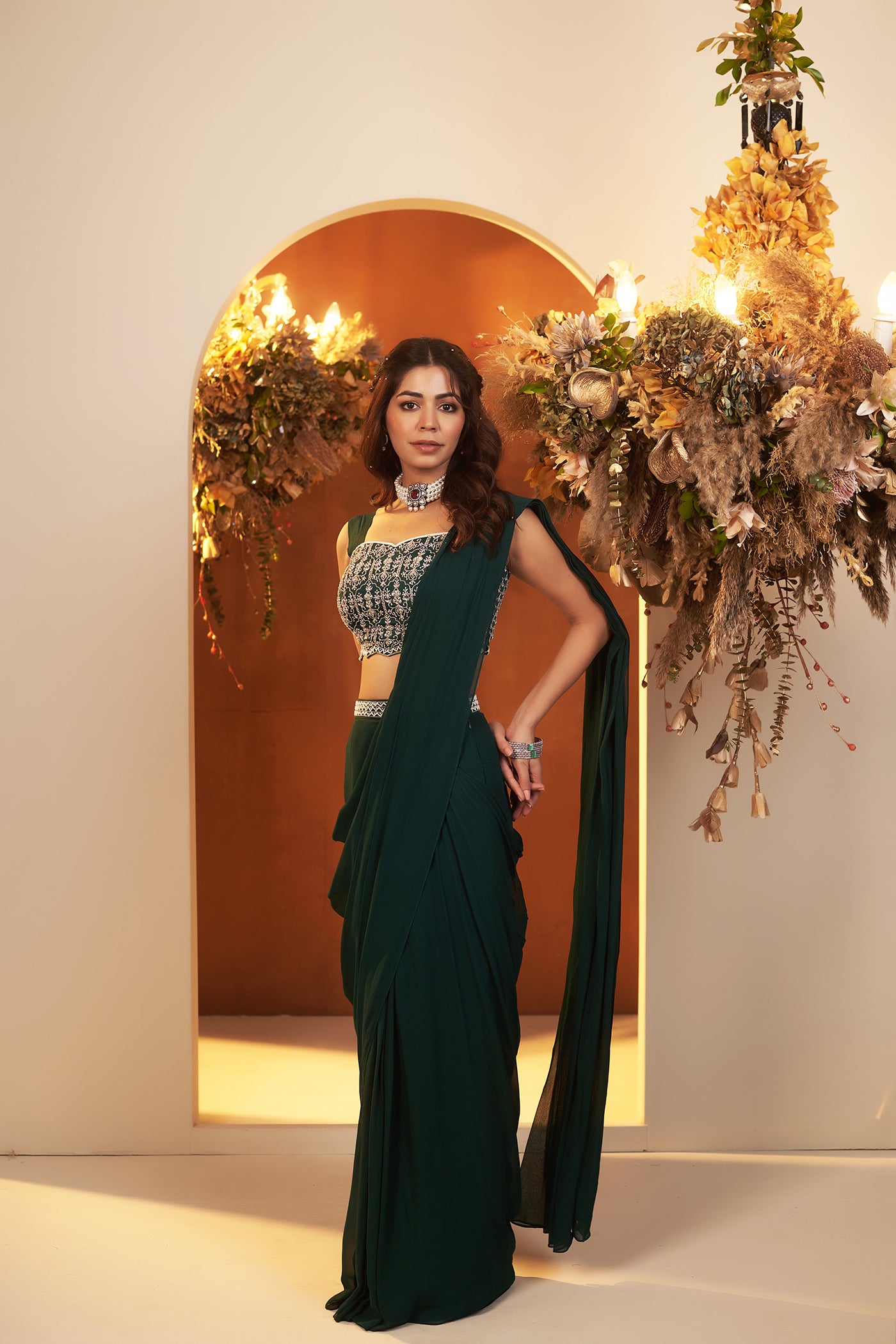 Emerald Green Draped Saree Set.