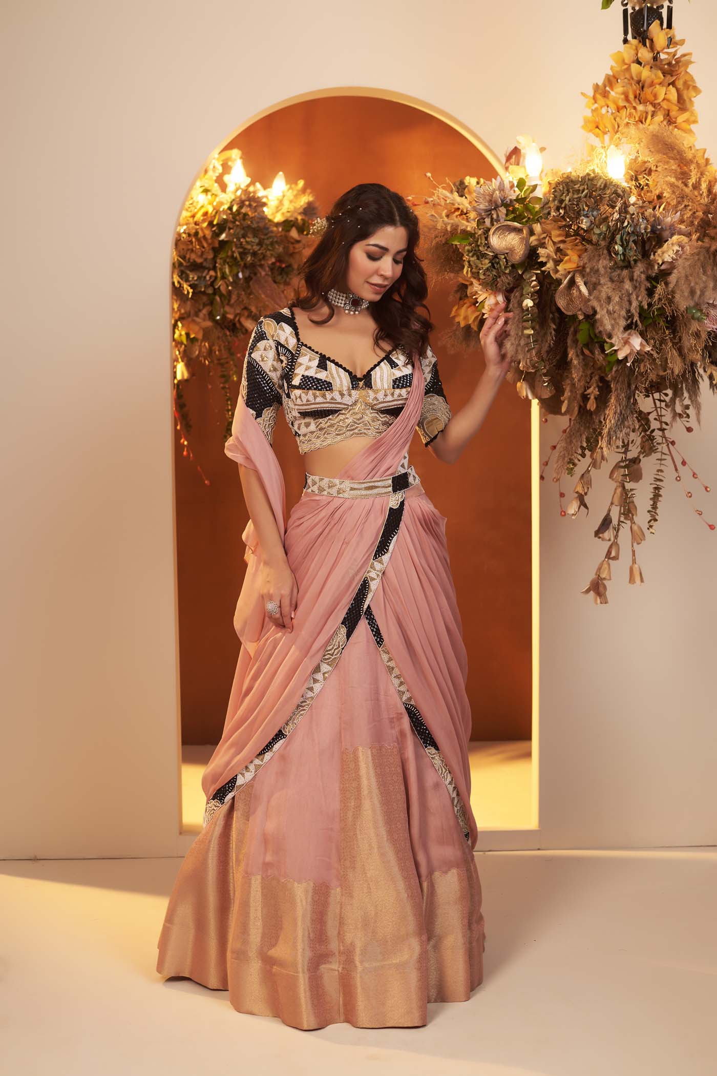 Pearl Pink Draped Lehenga Saree Set.