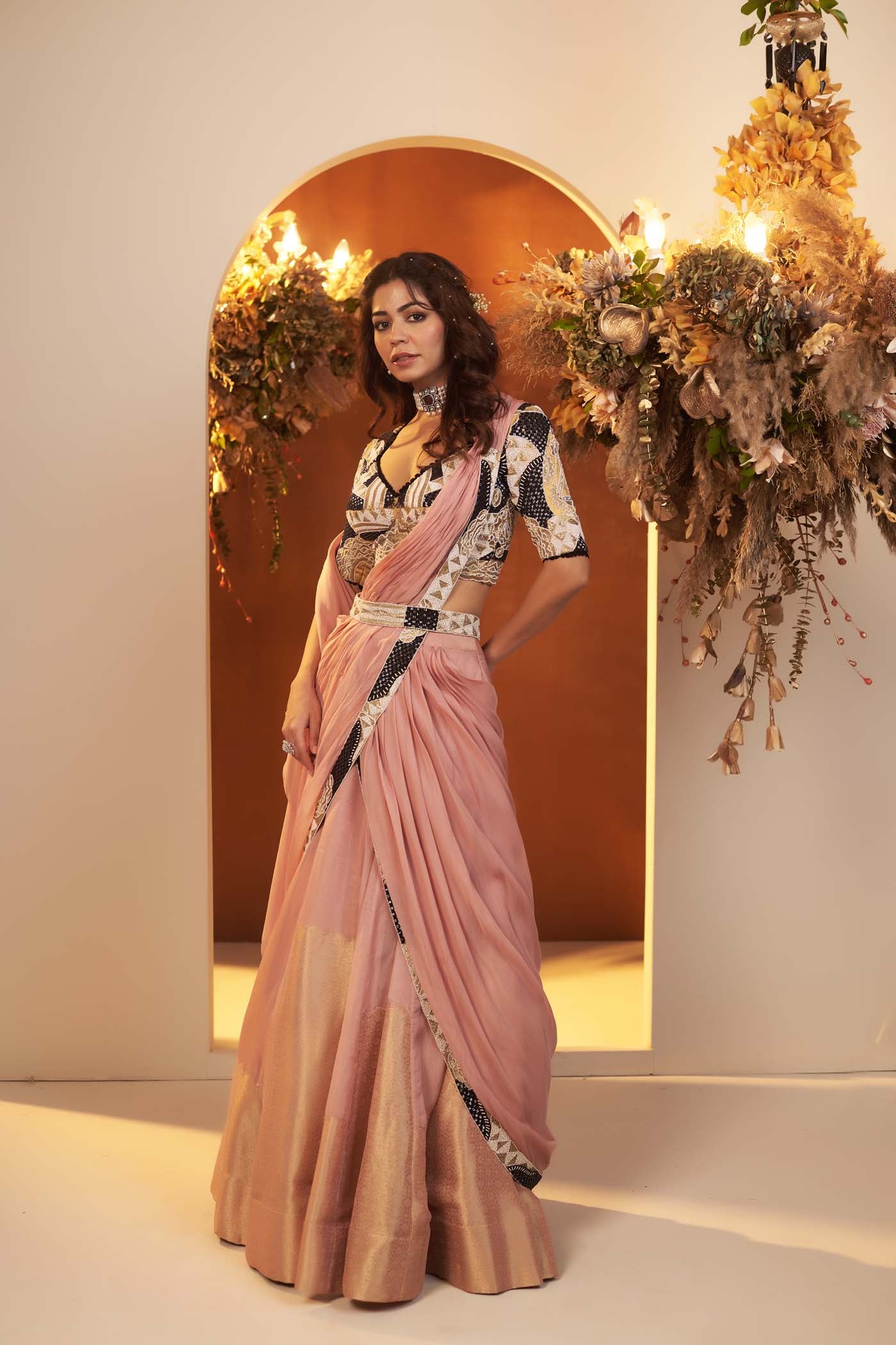Pearl Pink Draped Lehenga Saree Set.