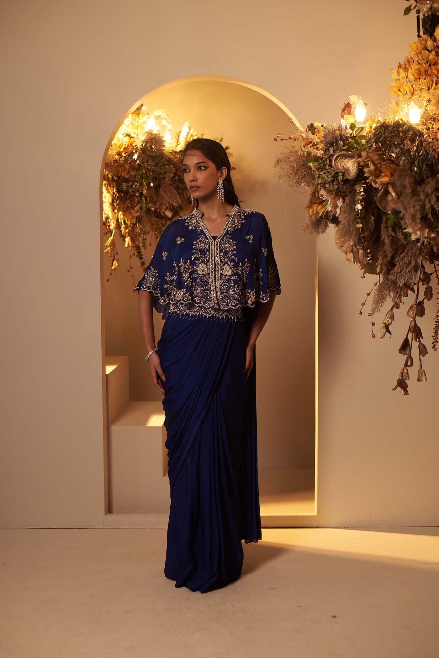 English Blue pleated stitched saree
