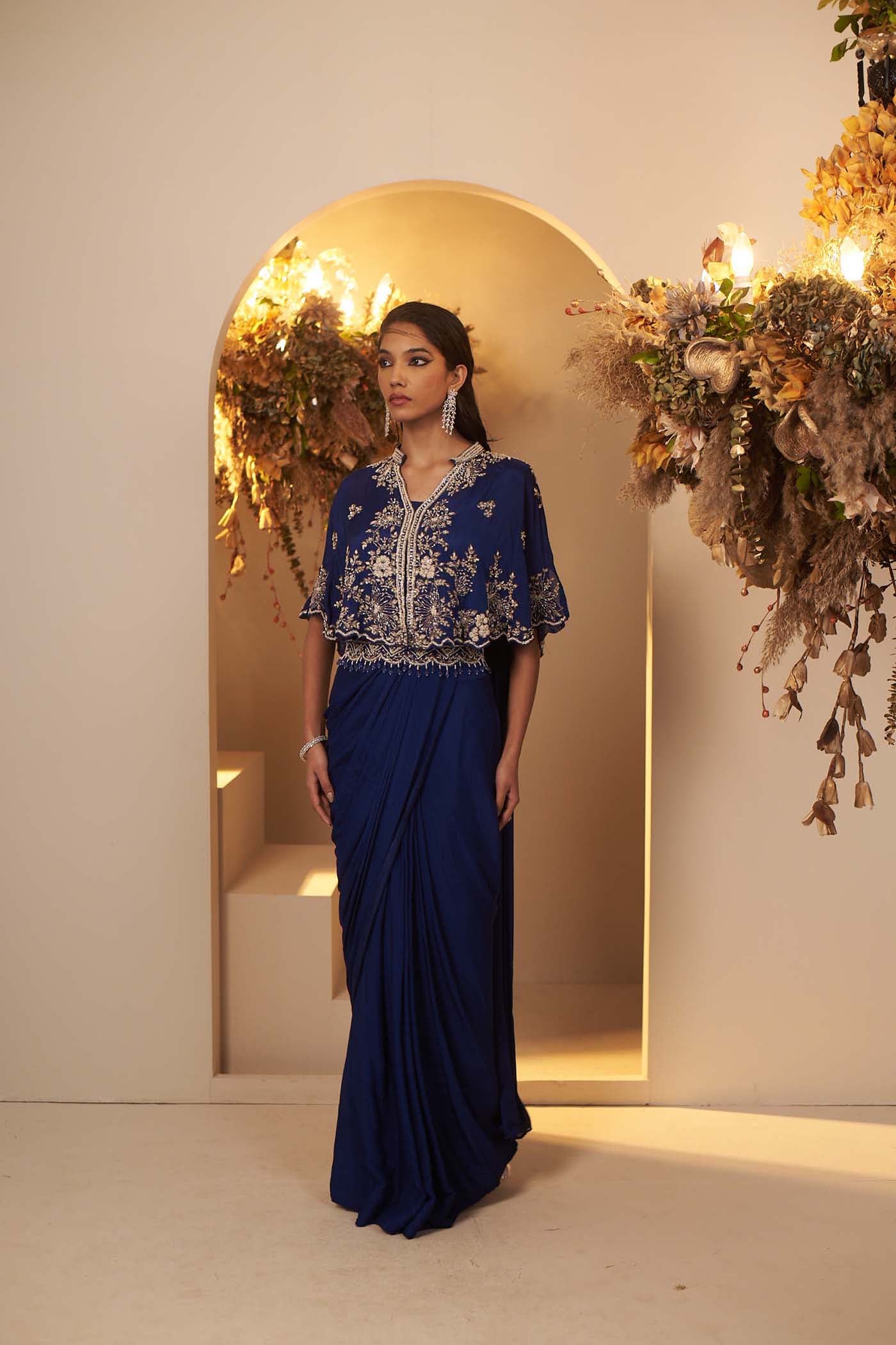 English Blue pleated stitched saree