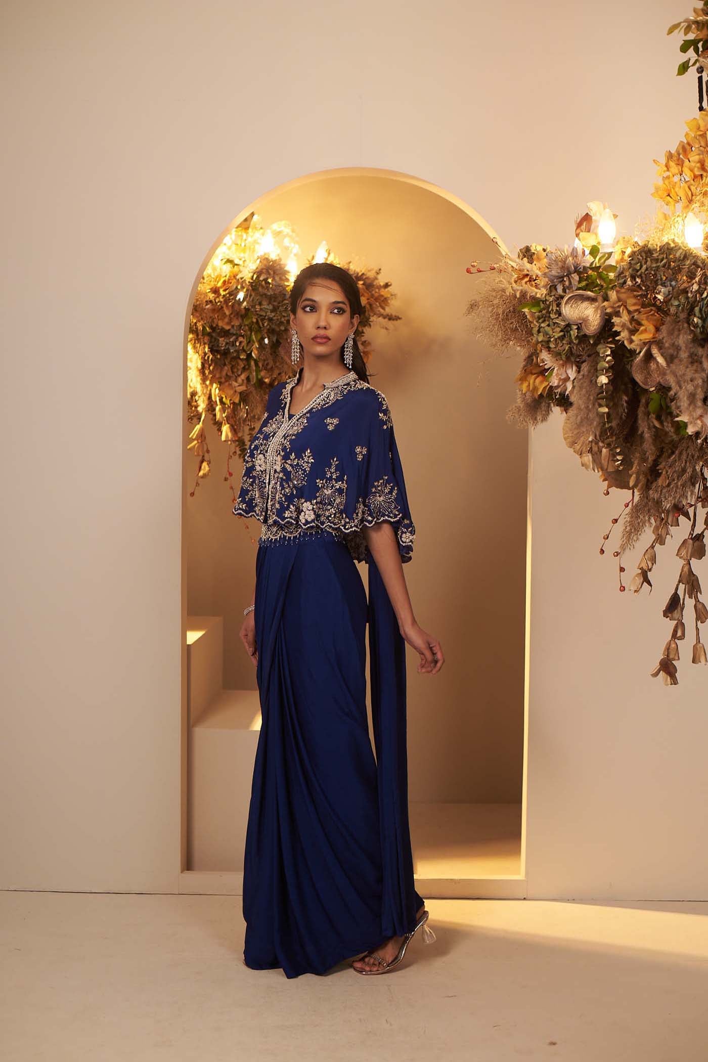 English Blue pleated stitched saree