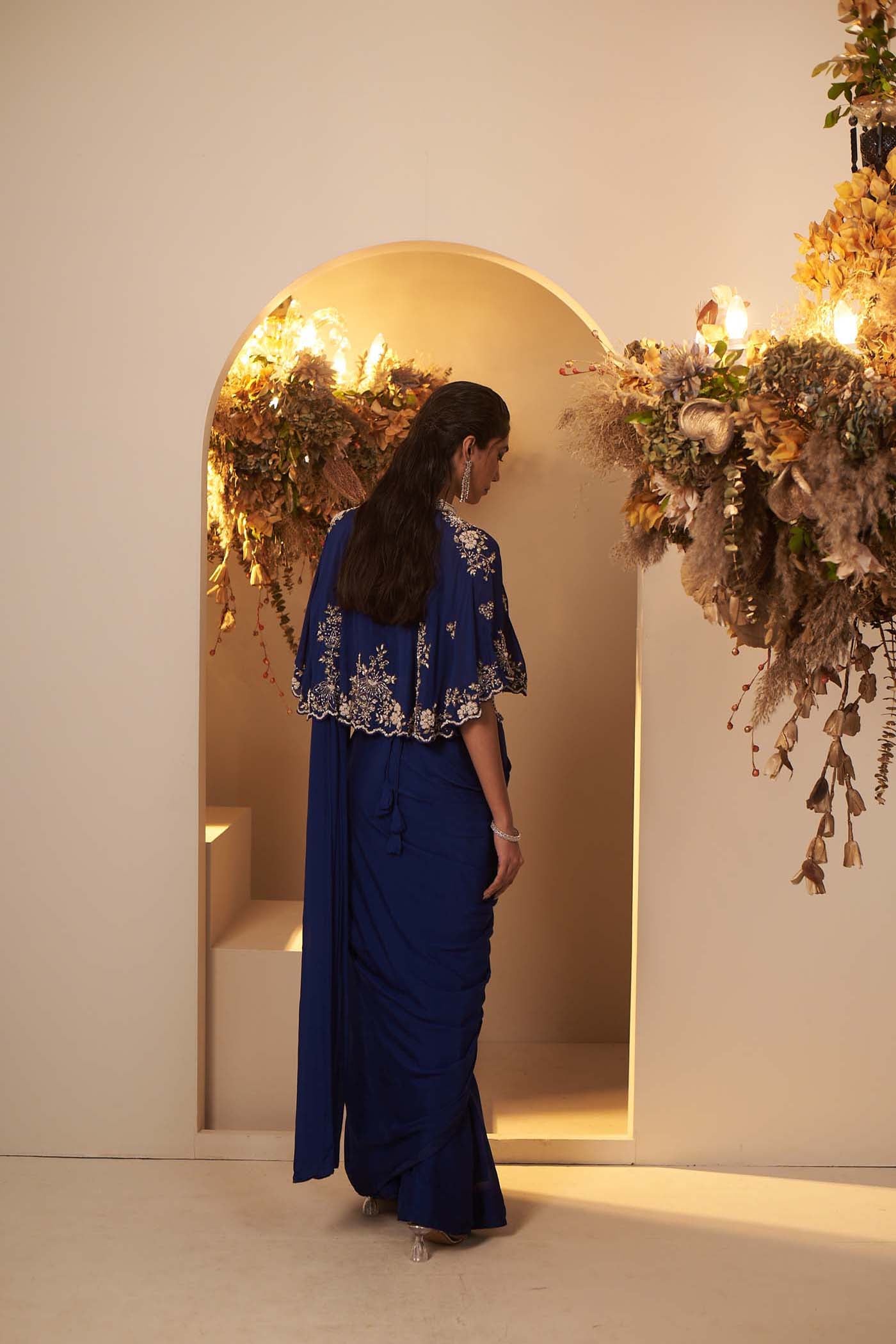 English Blue pleated stitched saree
