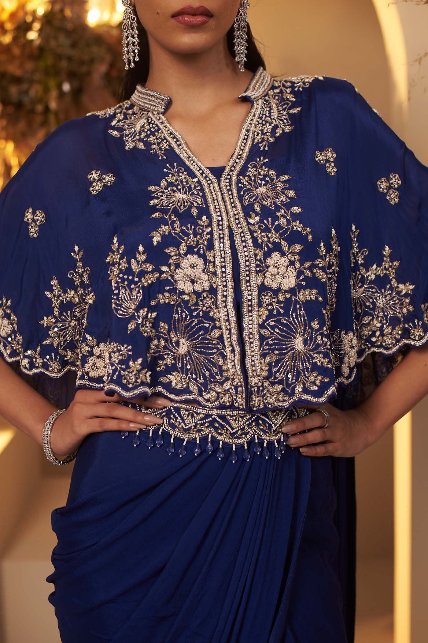 English Blue pleated stitched saree