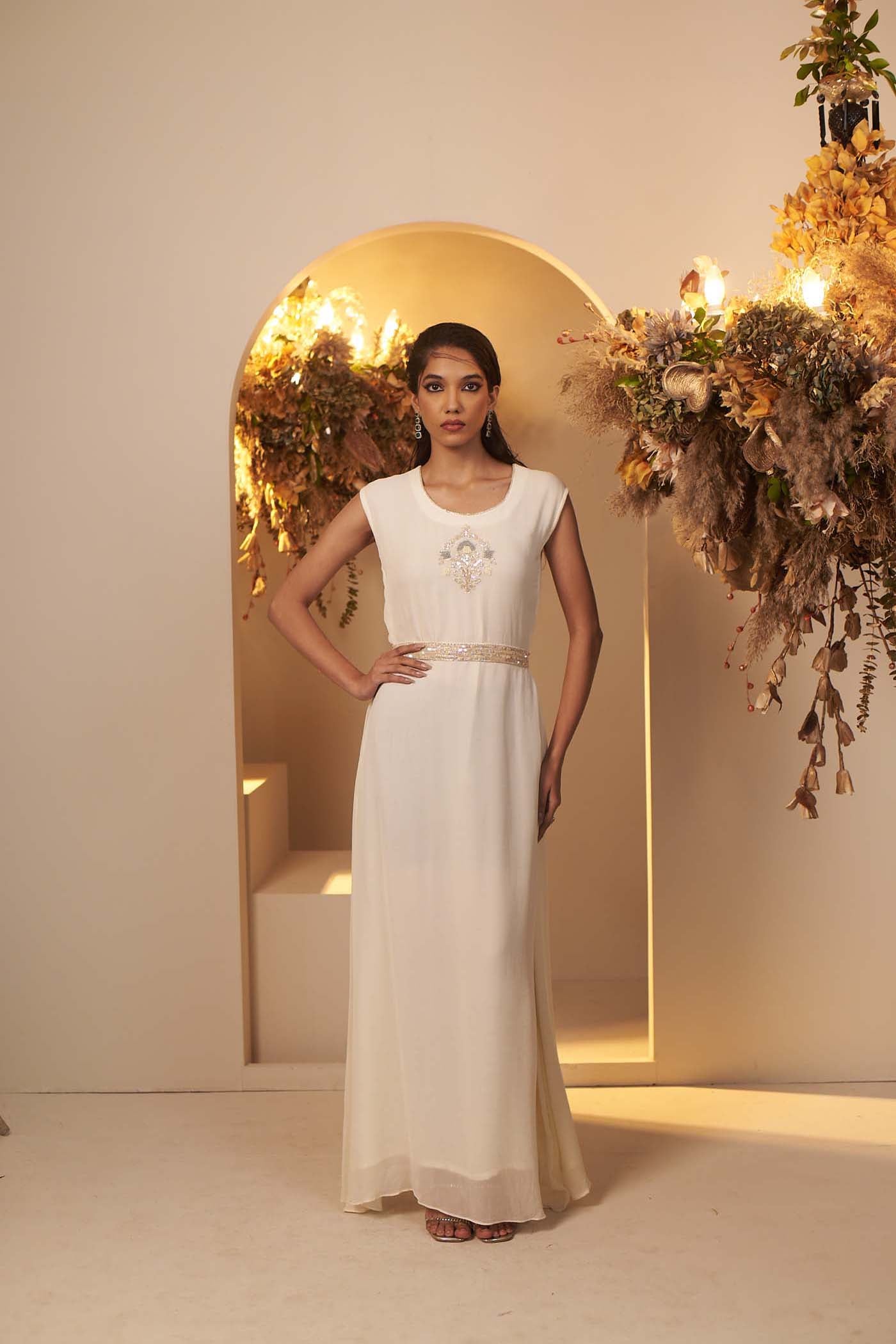 Pearl White Gown Paired with a highlighted jacket set