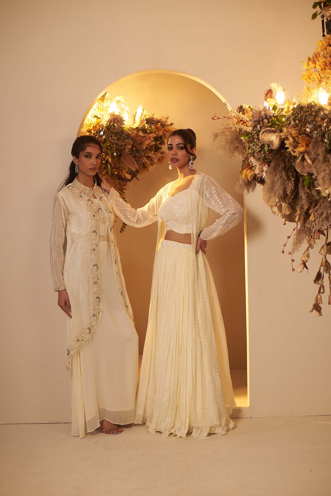 Pearl White Gown Paired with a highlighted jacket set