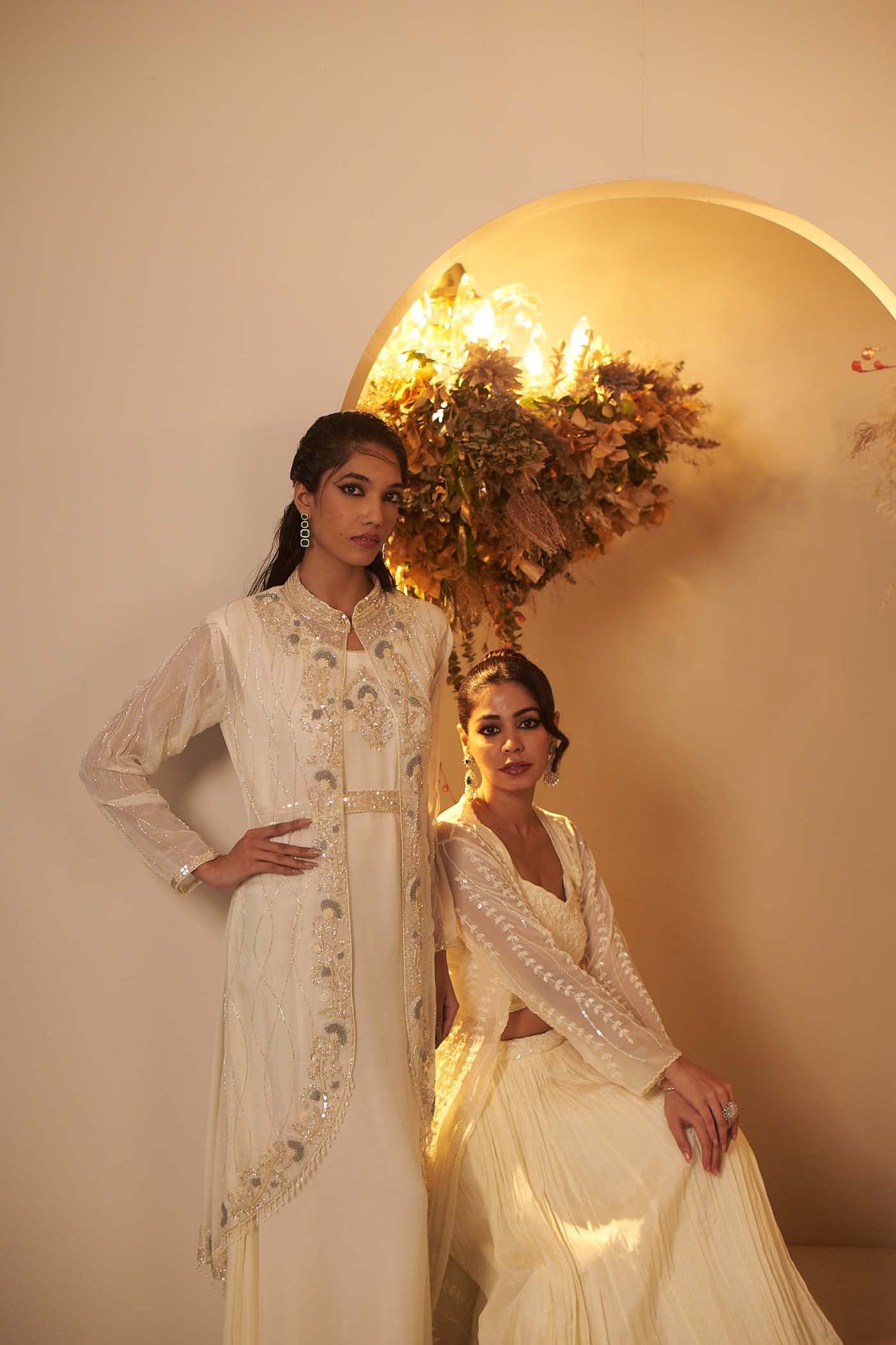 Pearl White Gown Paired with a highlighted jacket set