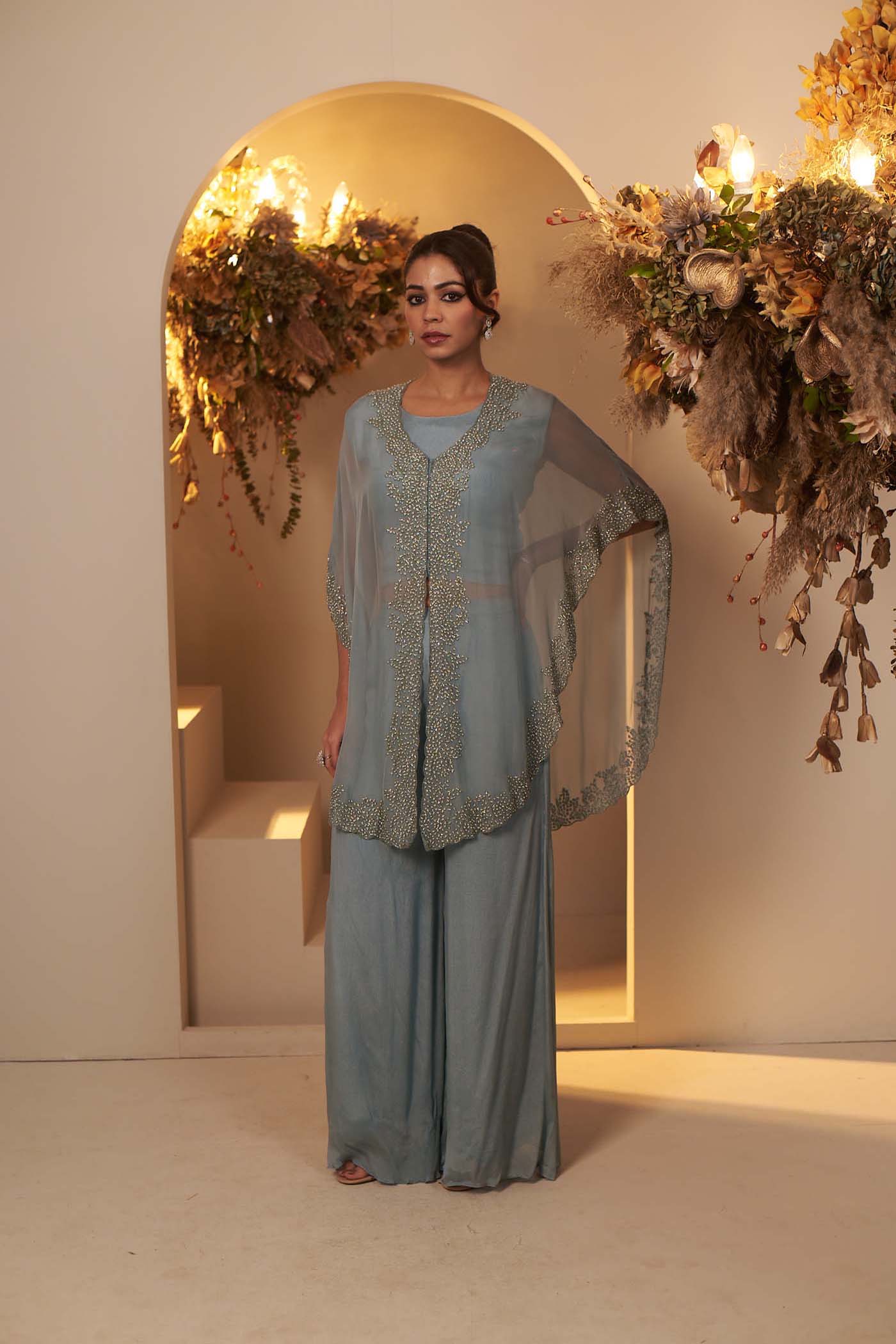 Teal Blue Crop-top with Pallazzo set