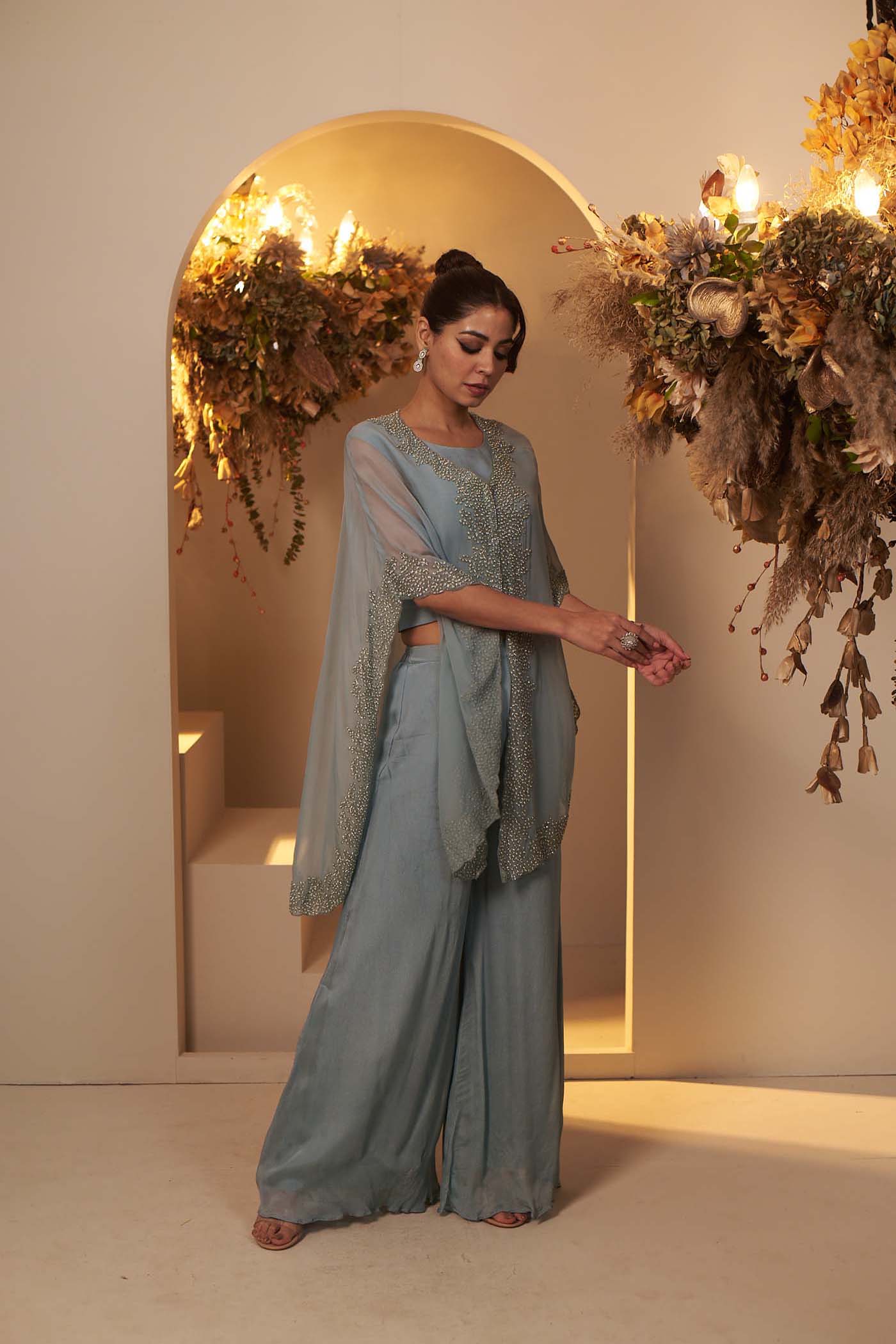 Teal Blue Crop-top with Pallazzo set