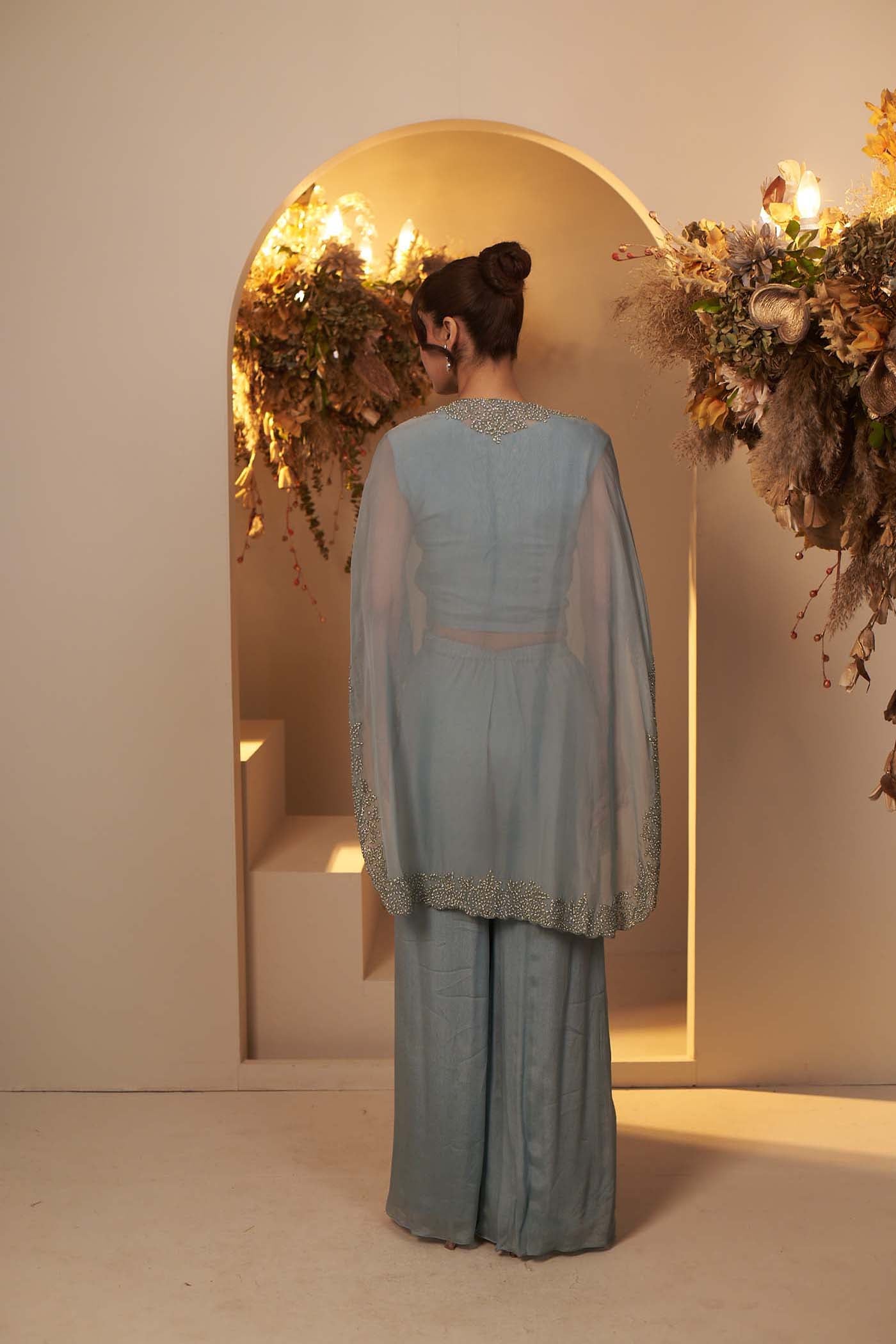 Teal Blue Crop-top with Pallazzo set