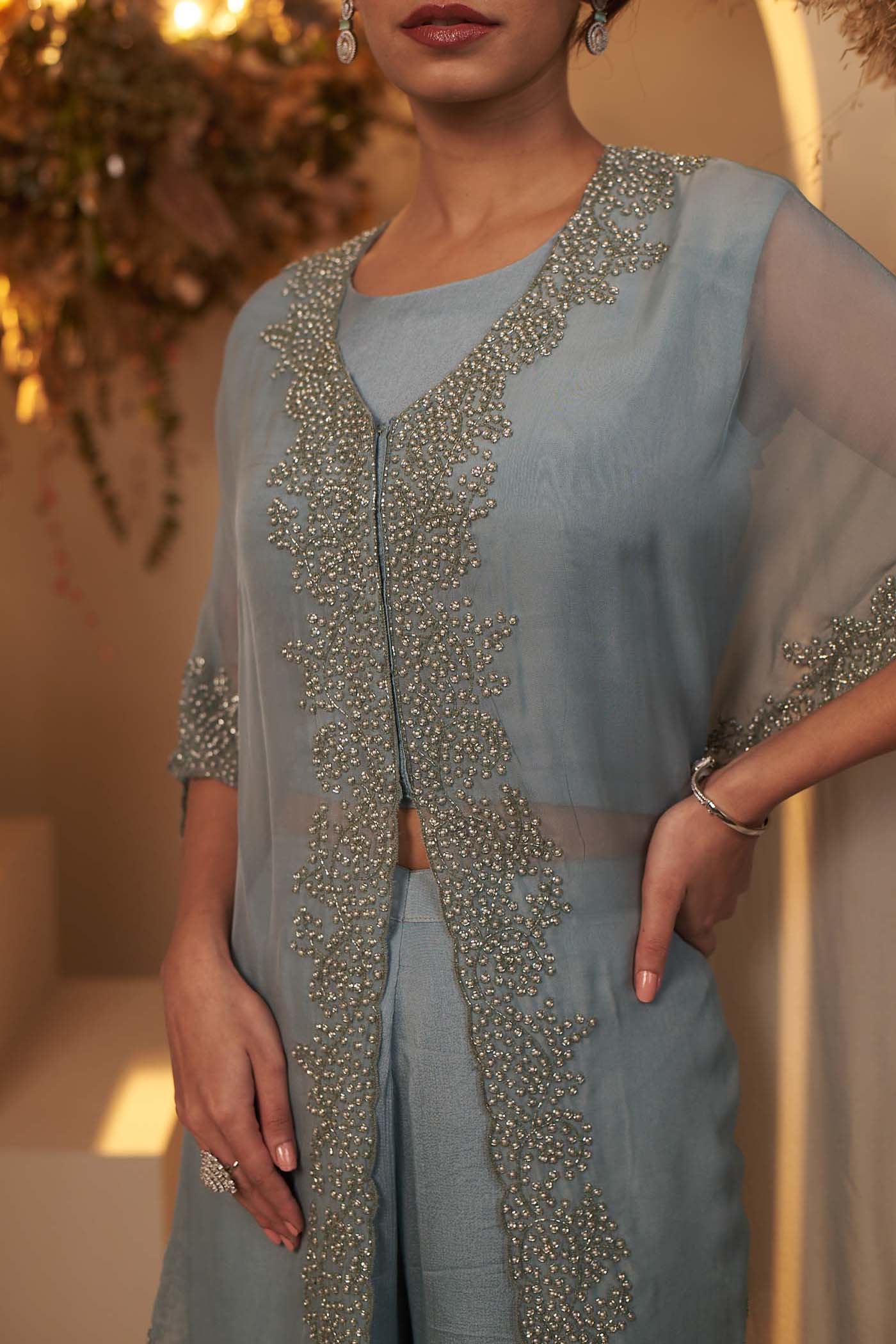 Teal Blue Crop-top with Pallazzo set