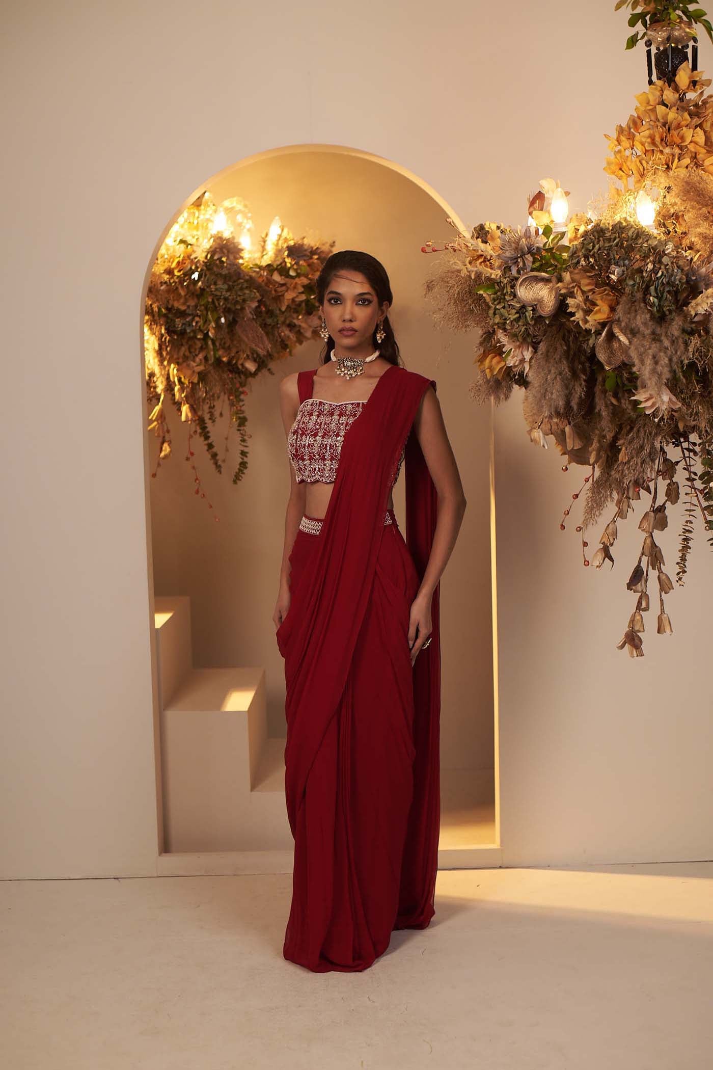 Deep Red Draped Saree Set