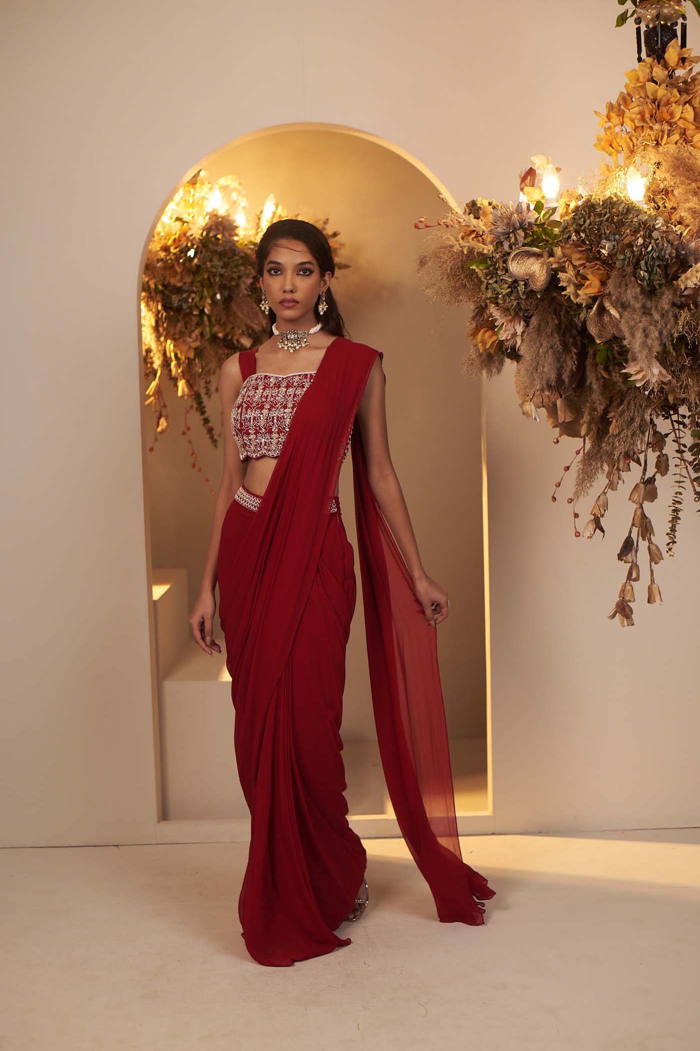 Deep Red Draped Saree Set