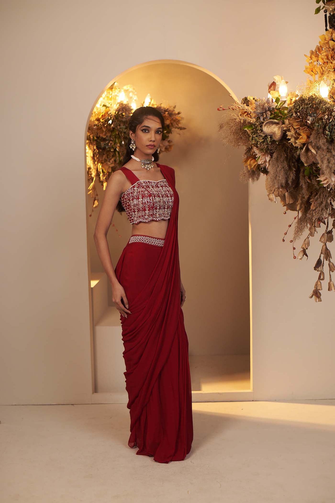 Deep Red Draped Saree Set