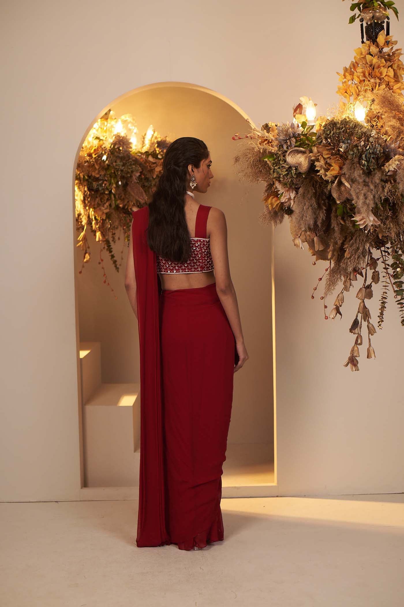 Deep Red Draped Saree Set