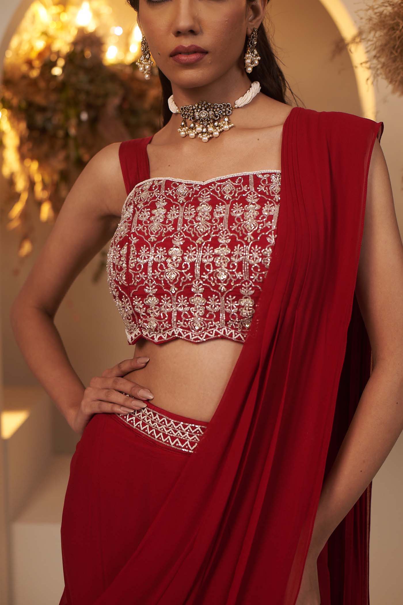 Deep Red Draped Saree Set