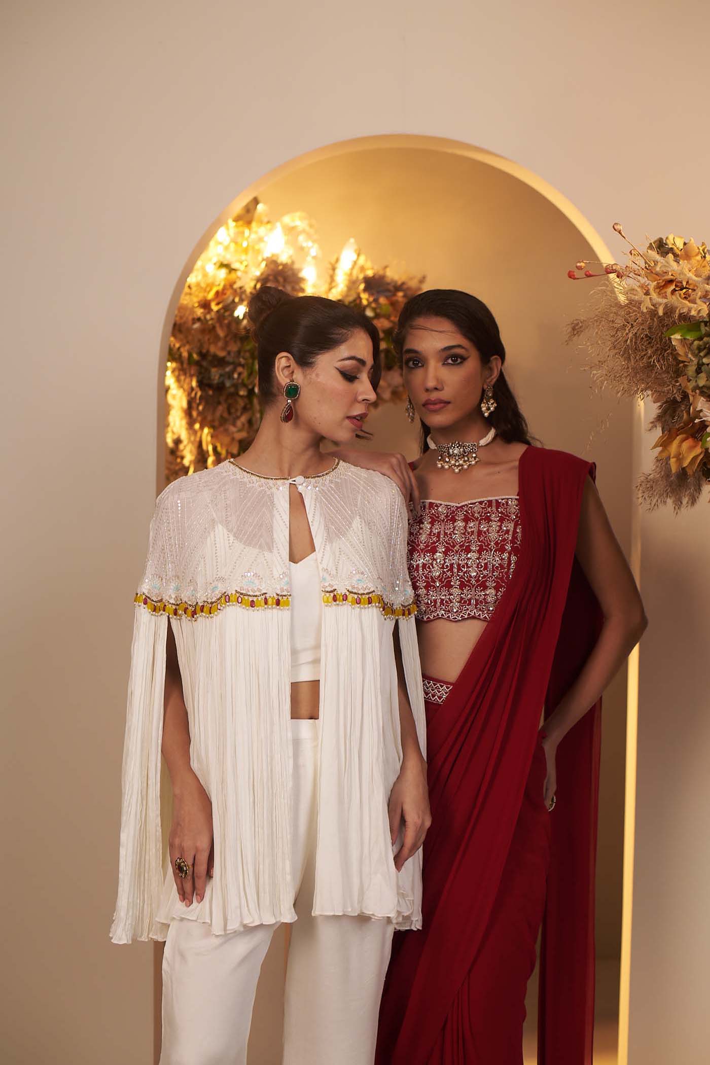 Deep Red Draped Saree Set