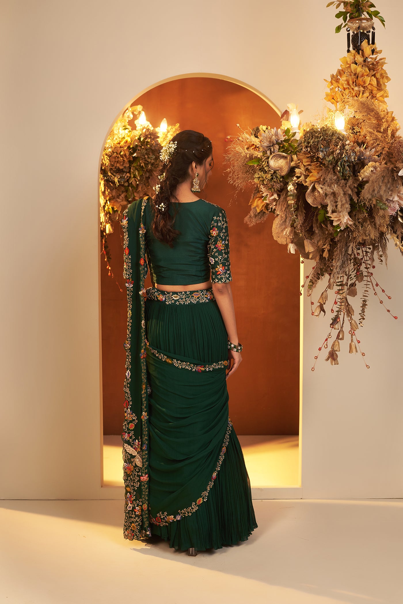 Emerald Green Draped Lehenga Set