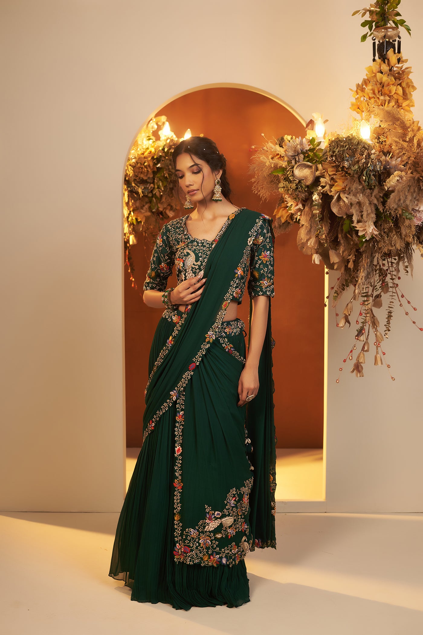 Emerald Green Draped Lehenga Set
