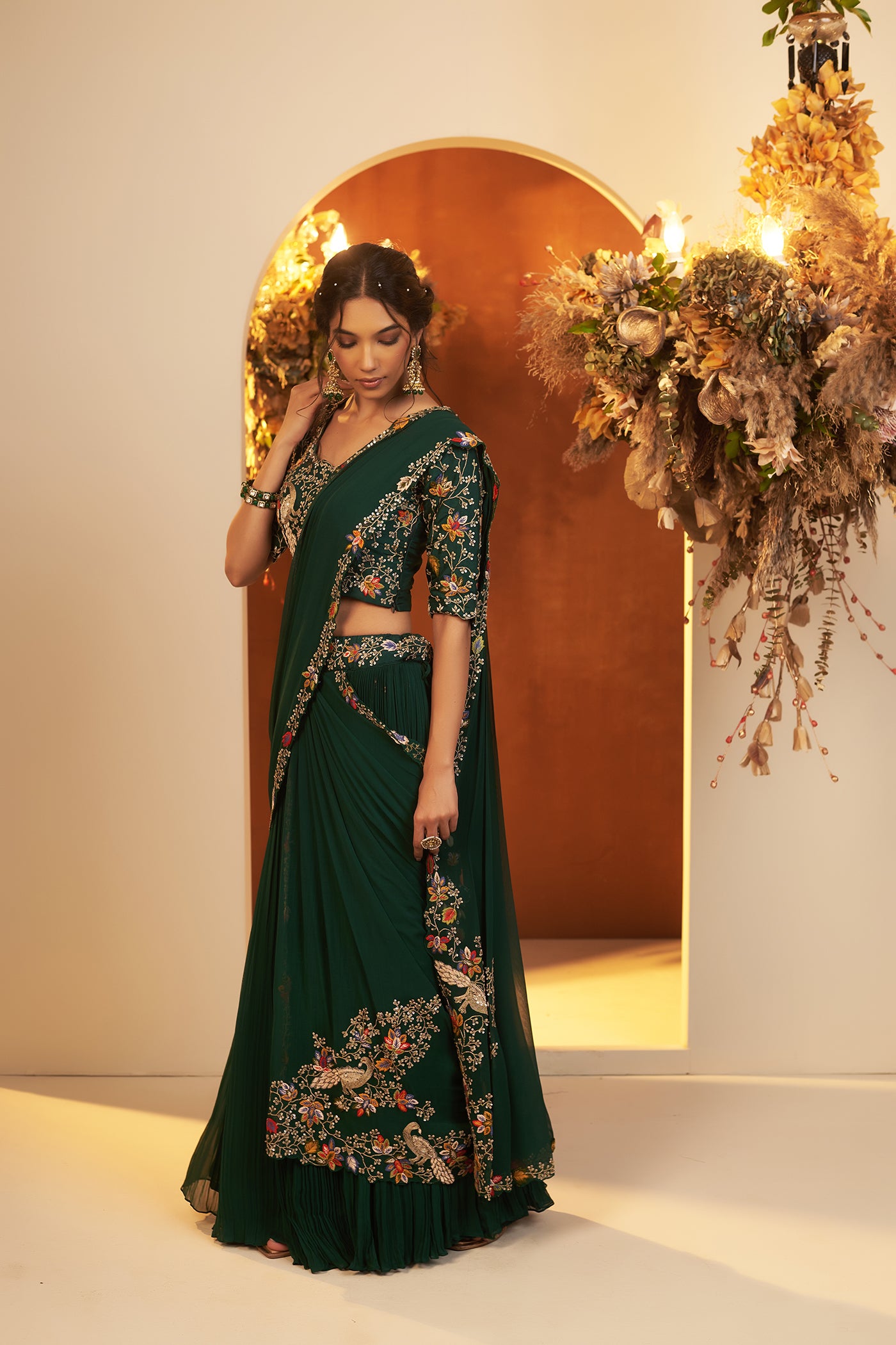Emerald Green Draped Lehenga Set