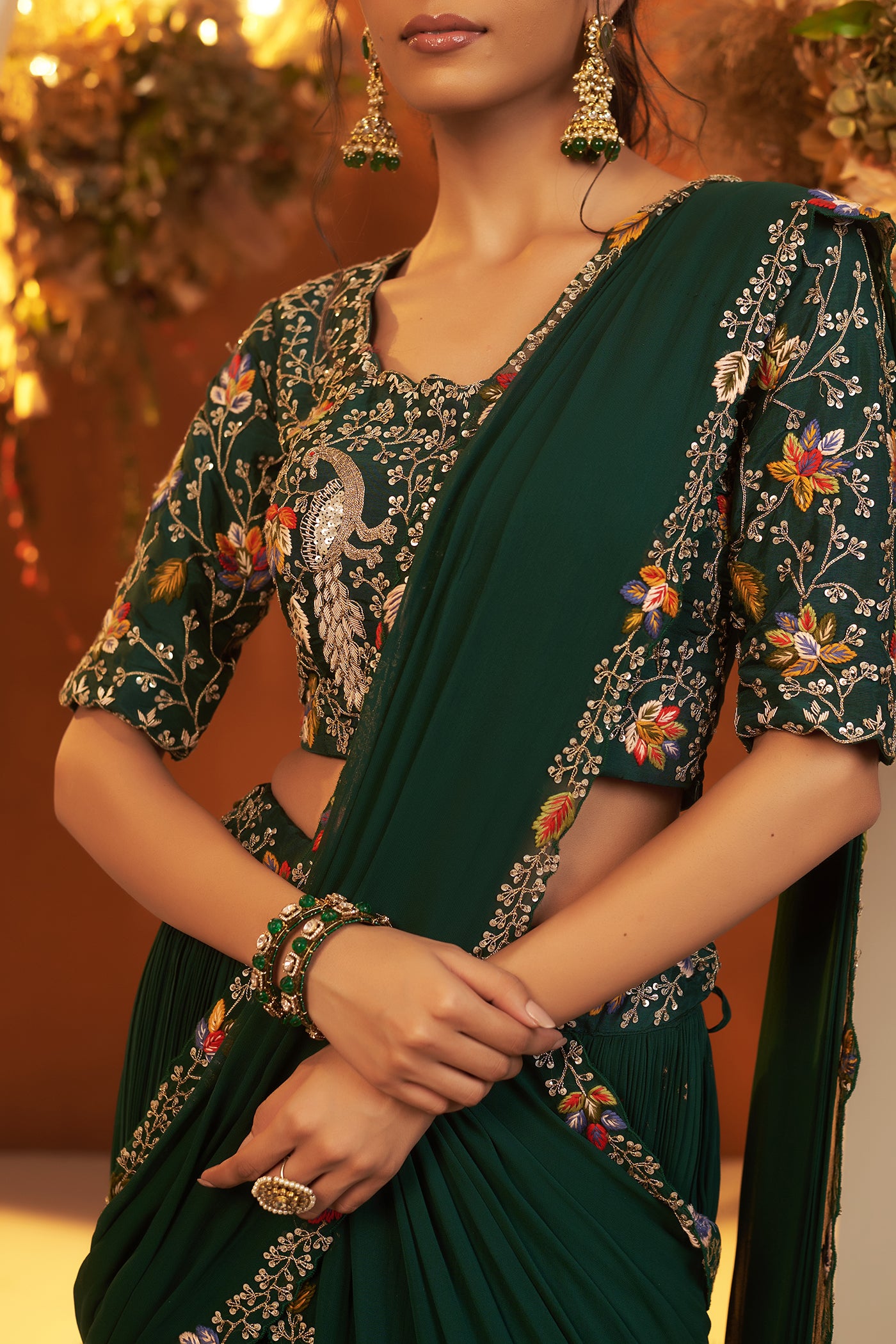 Emerald Green Draped Lehenga Set
