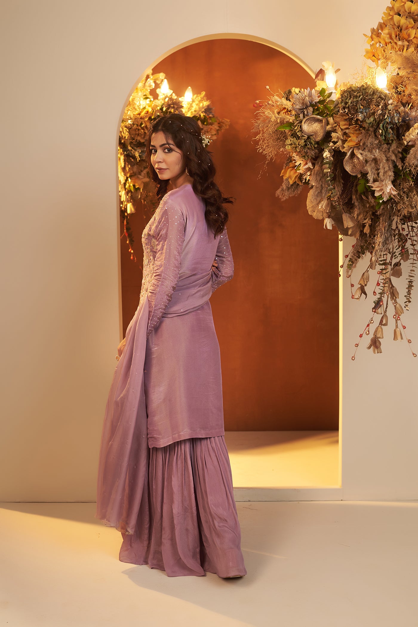 Lavender Suit with Sharara and Dupatta.