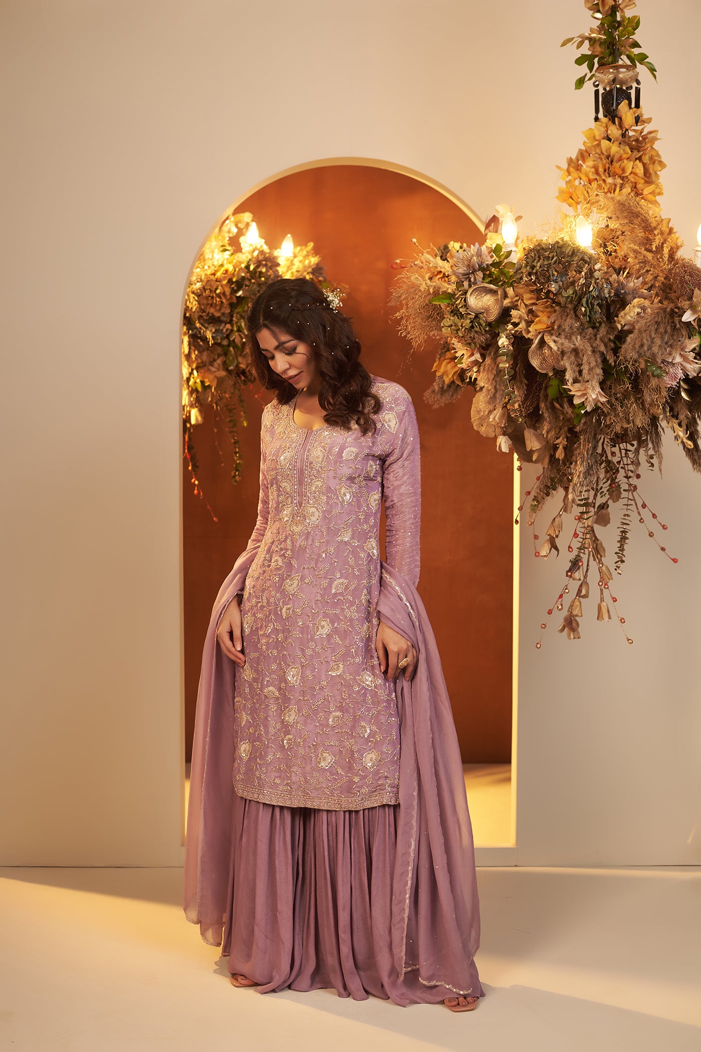 Lavender Suit with Sharara and Dupatta.