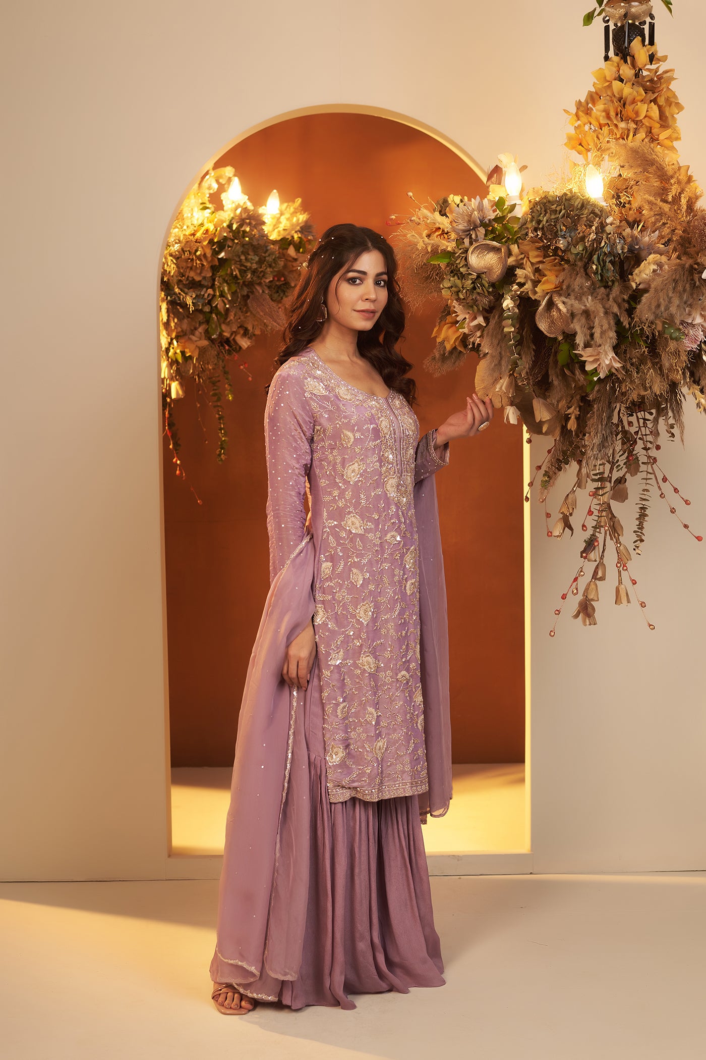 Lavender Suit with Sharara and Dupatta.