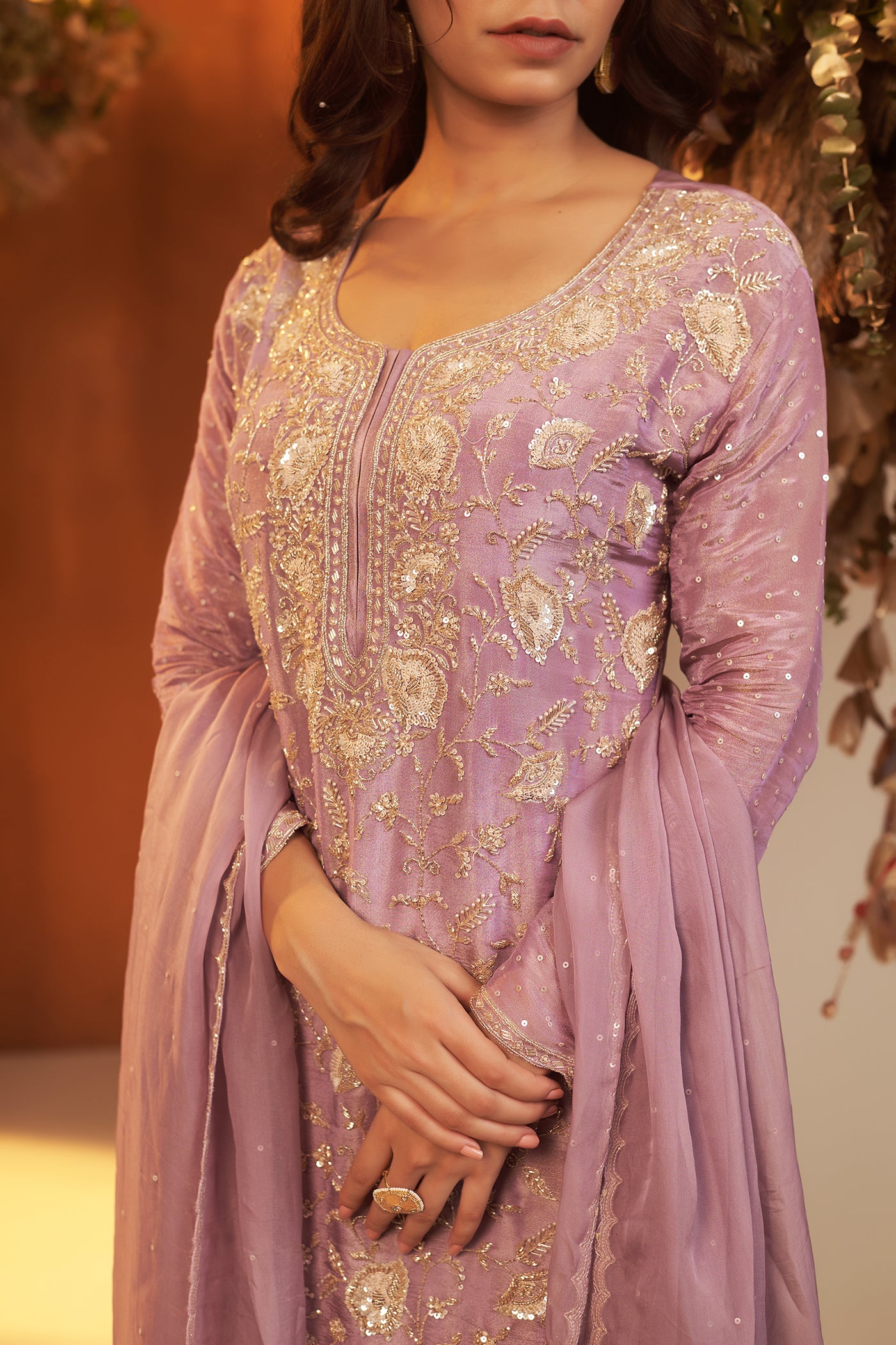 Lavender Suit with Sharara and Dupatta.
