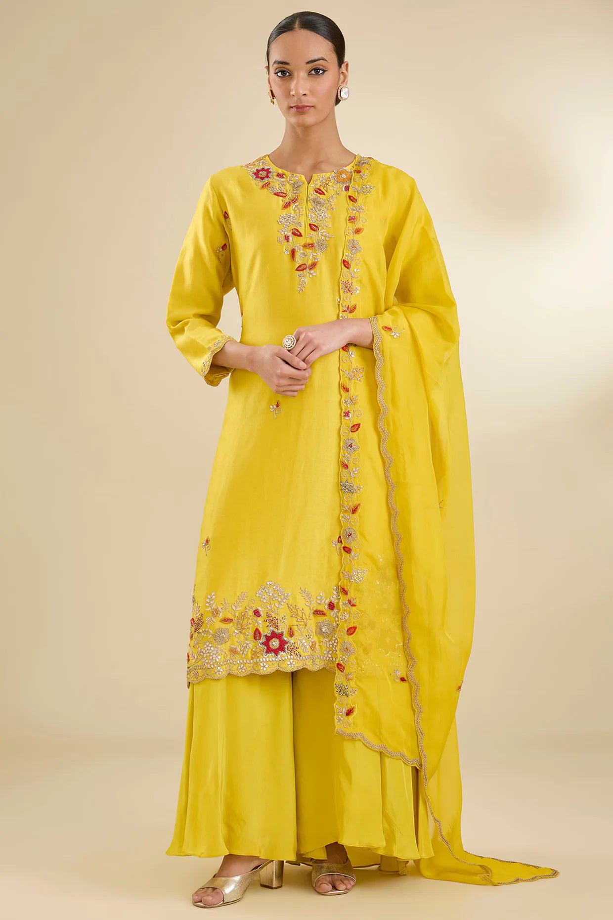 Yellow Chanderi Silk Sequins & Floral Embroidered Kurta Set