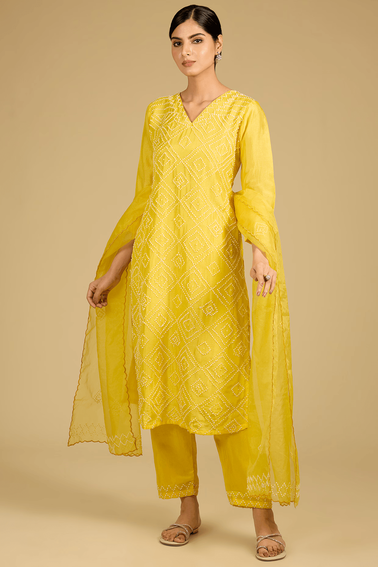 Yellow Cotton Chanderi Hand Embroidered Kurta Set