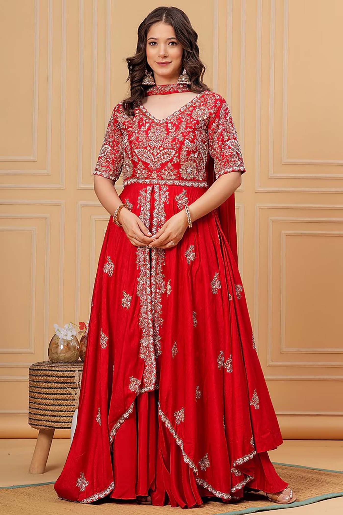 Red High-low Embroidered Anarkali Suit with Sharara and Dupatta