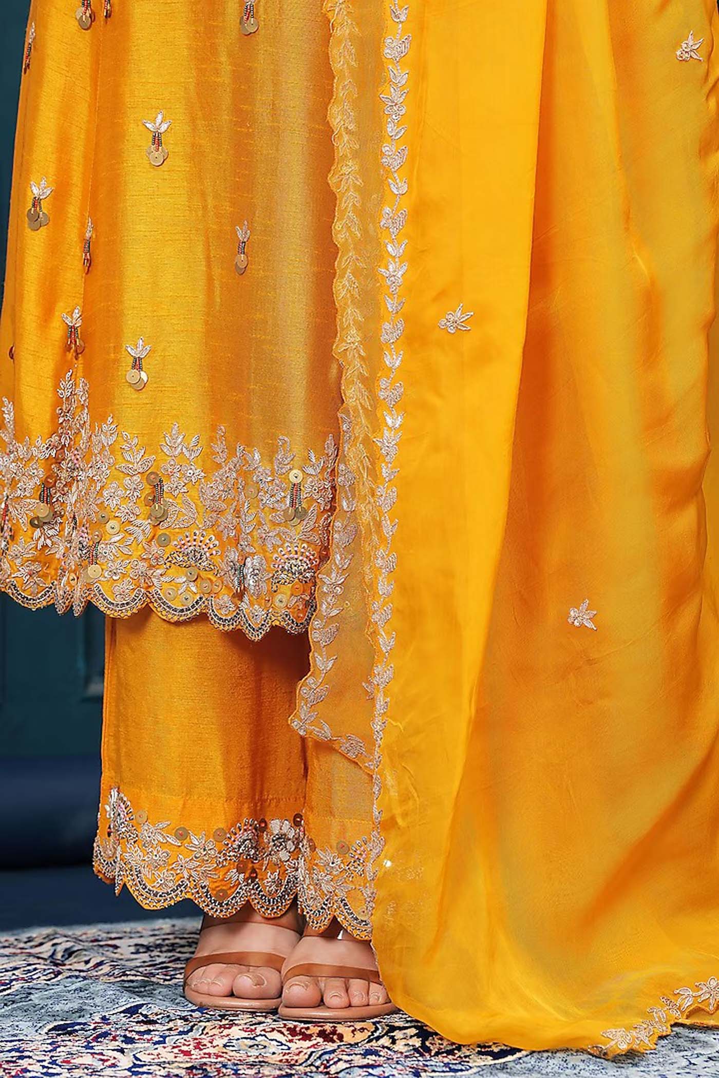 Mustard Yellow Short Anarkali with Palazzo and Organza Dupatta