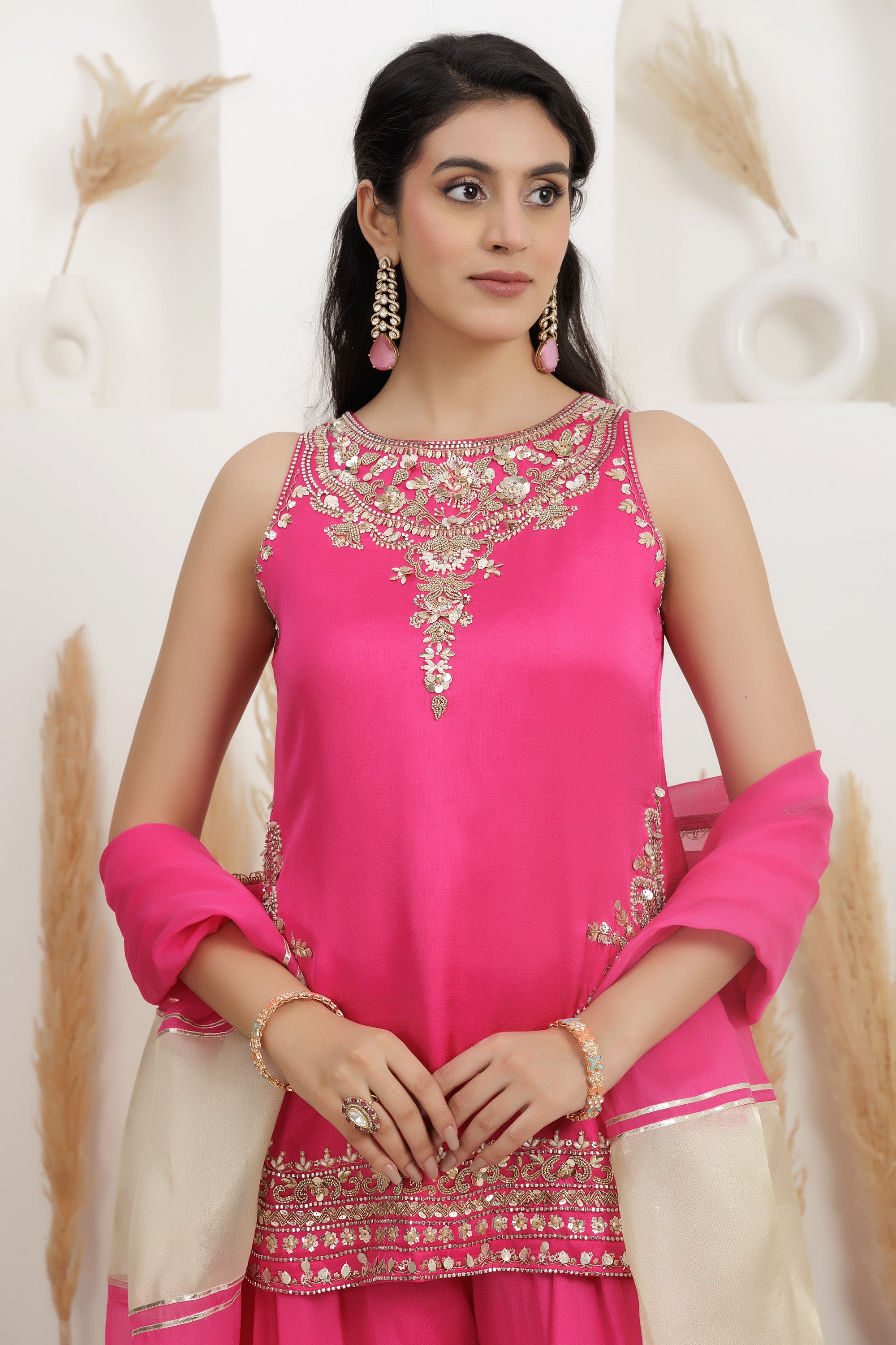 fuchsia pink satin silk sharara suit set